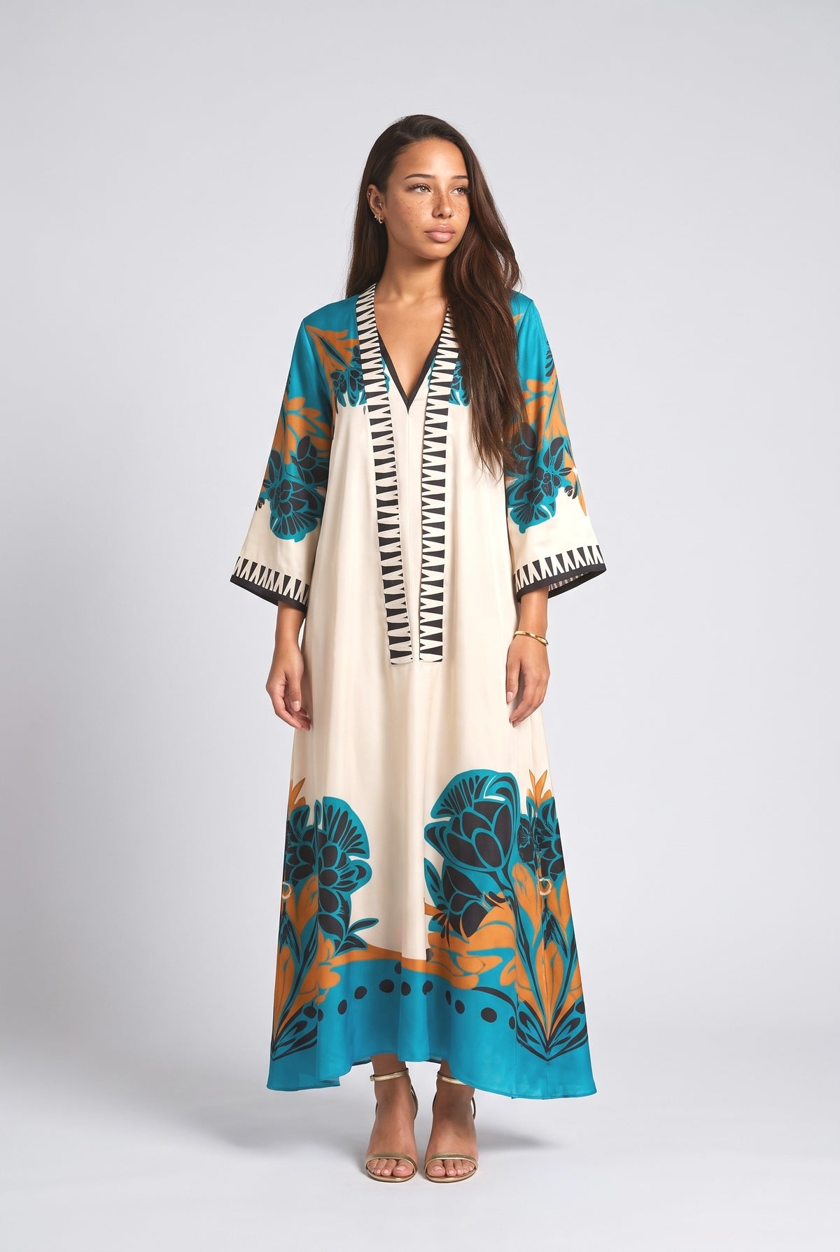 Beige Floral Satin Maxi Dress, cream