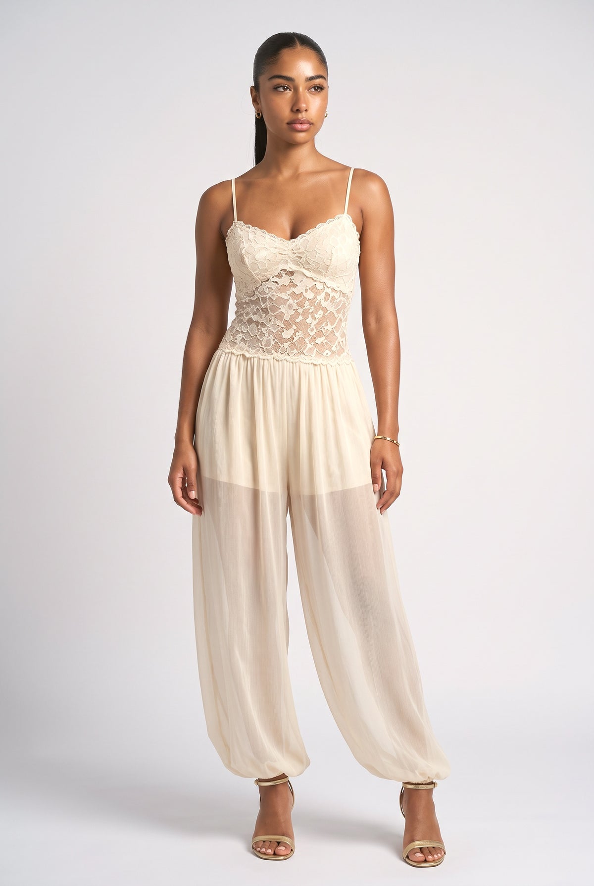 Lace Strappy Jumpsuit, cream