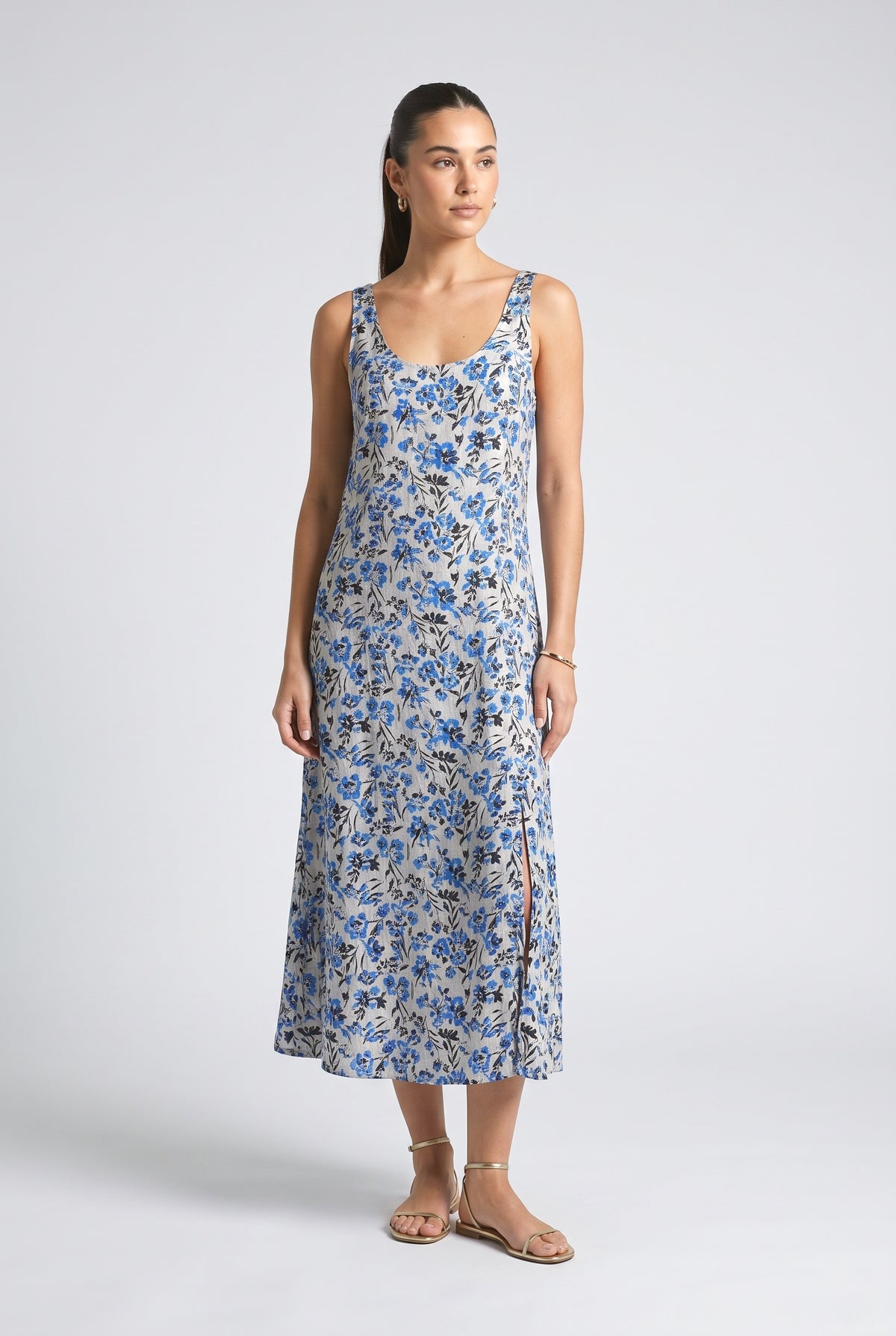Vintage Wildflower Print Linen Split Midi Dress, cream