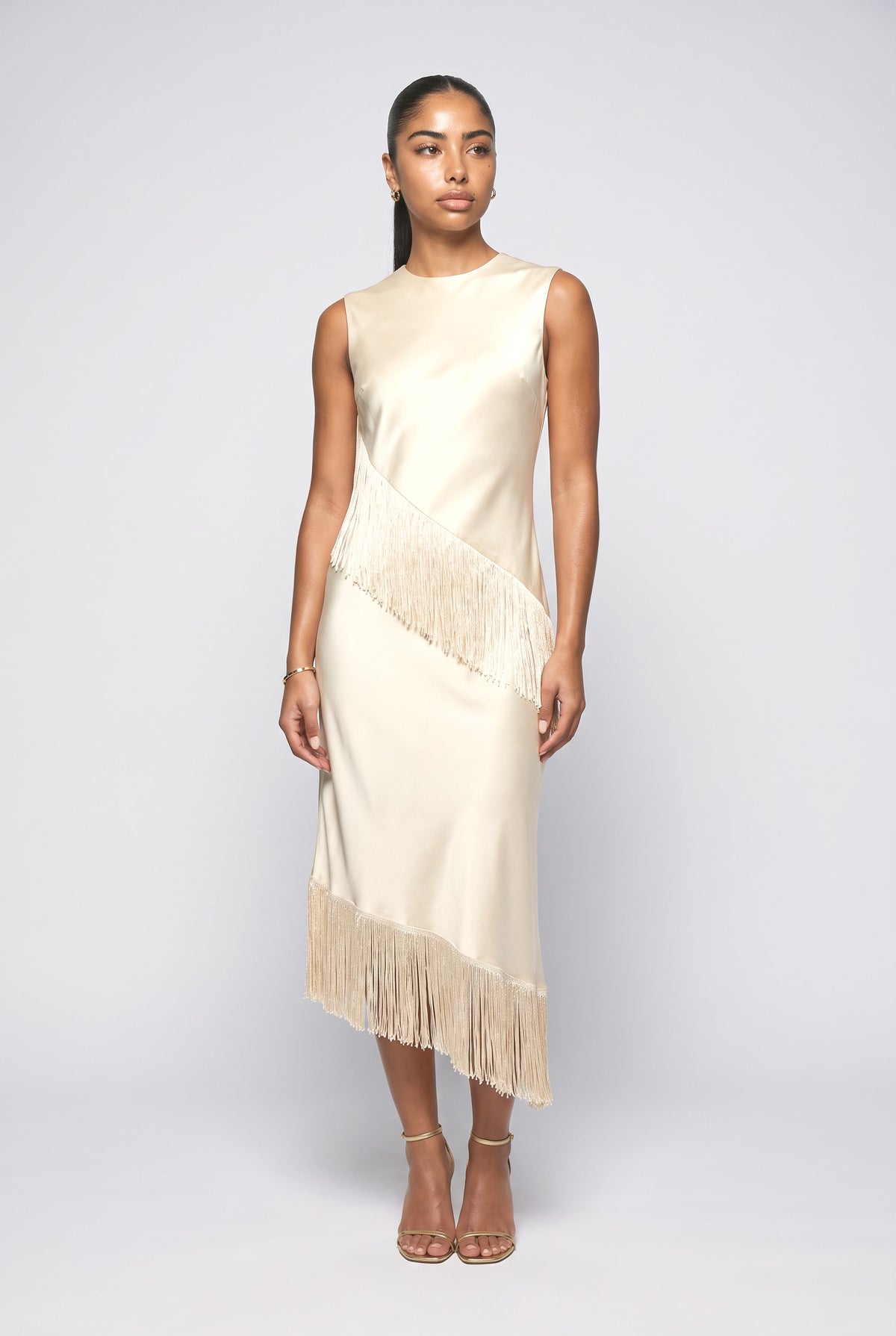 Beige Satin Sleeveless Fringe Midi Dress, cream