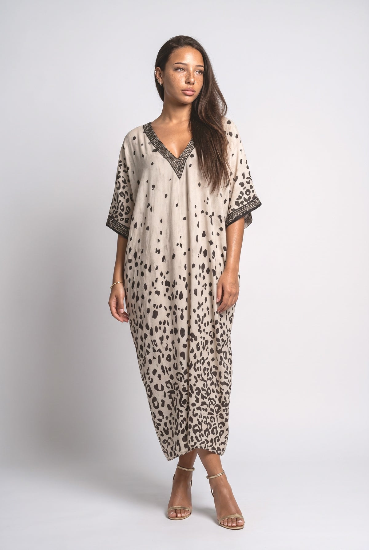Beige Leopard V-Neck Batwing Sleeve Maxi Dress, cream
