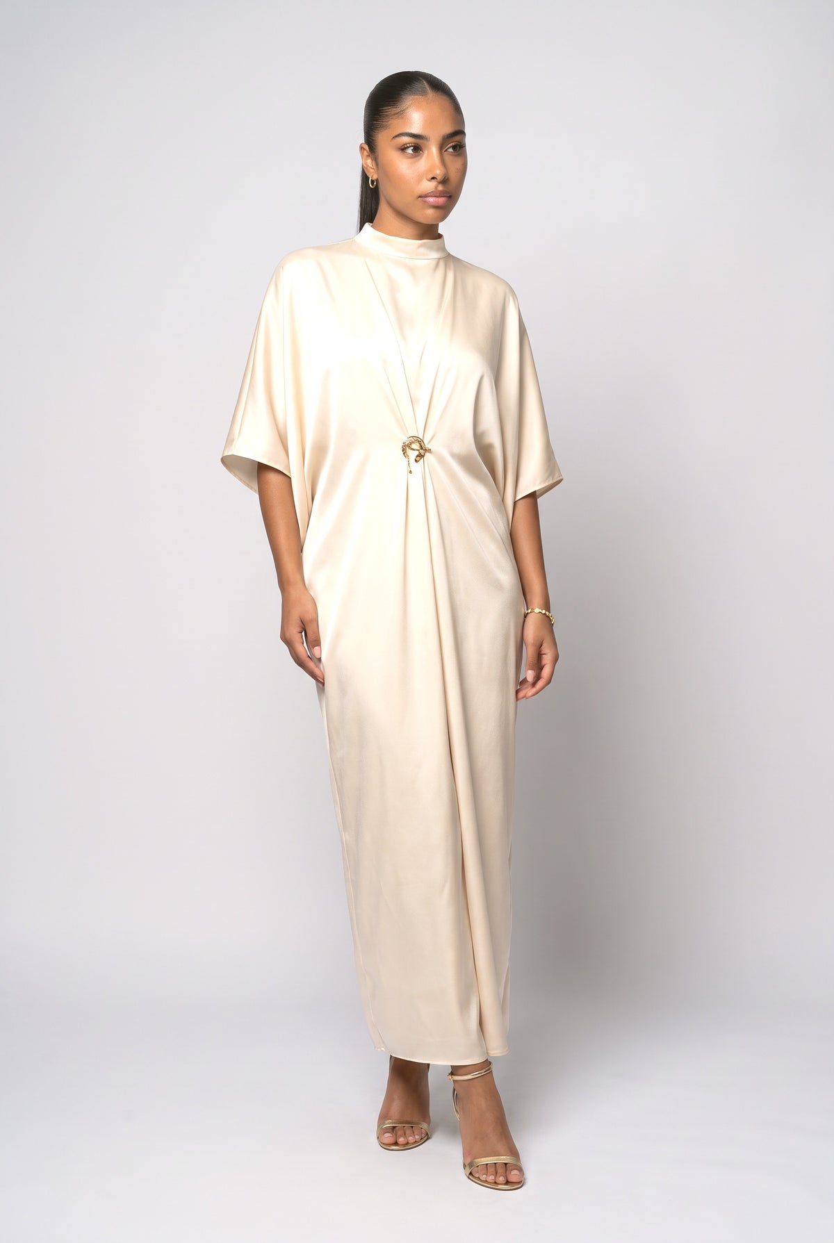 Beige Satin Batwing Sleeve Maxi Dress, cream