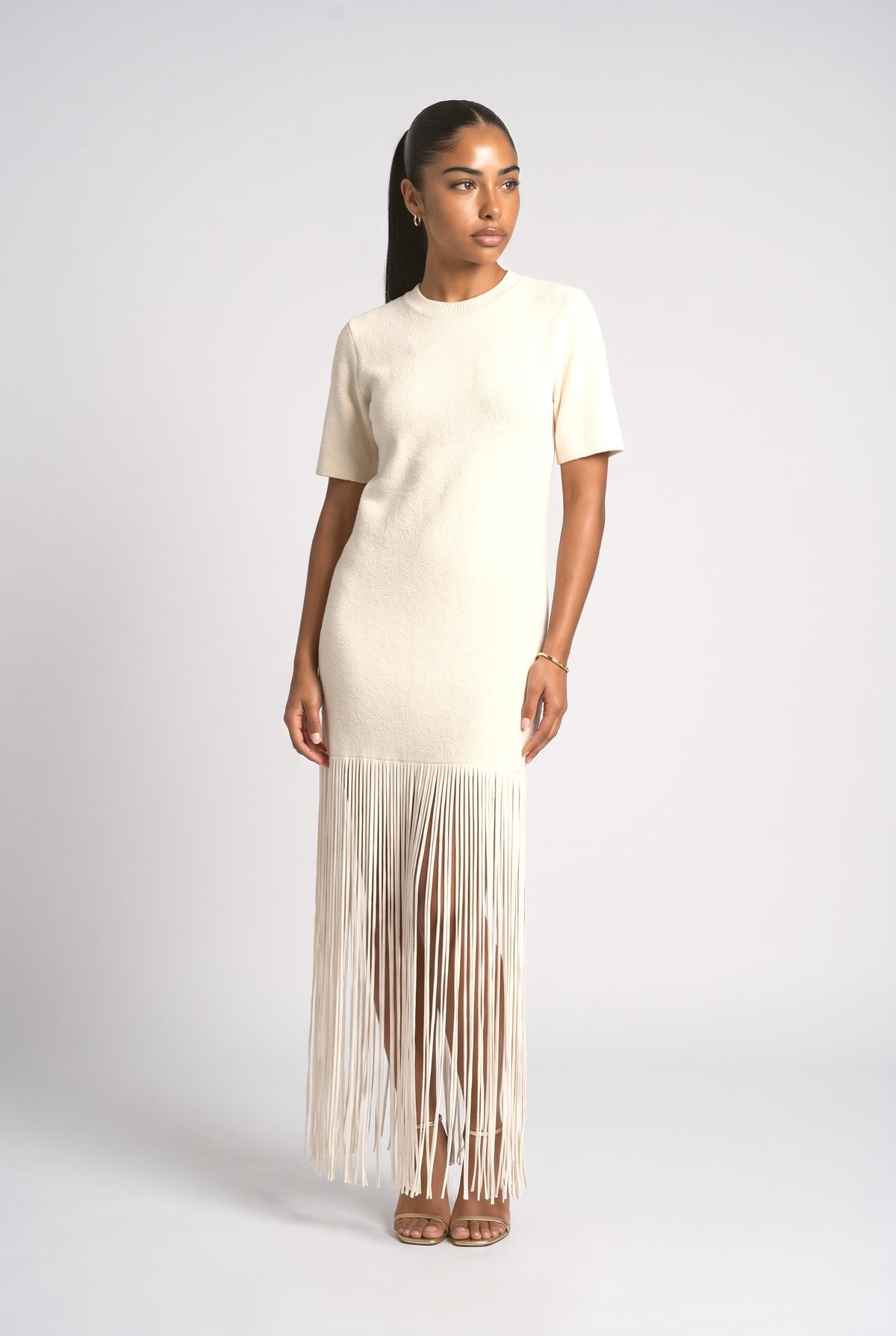 Short Sleeve Fringe Maxi Dress, cream