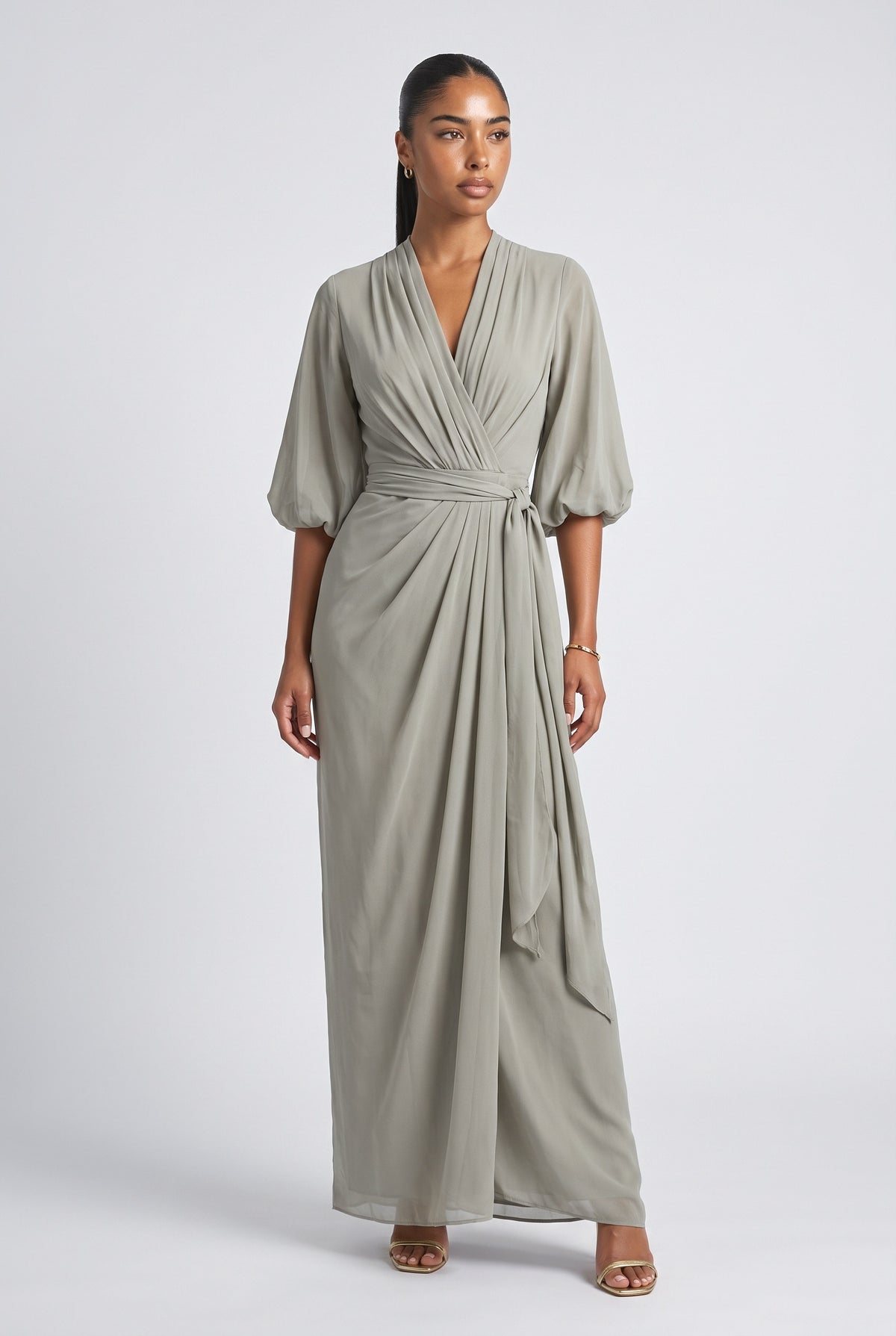 Beige Chiffon Puff Sleeve Wrap Maxi Dress, cream
