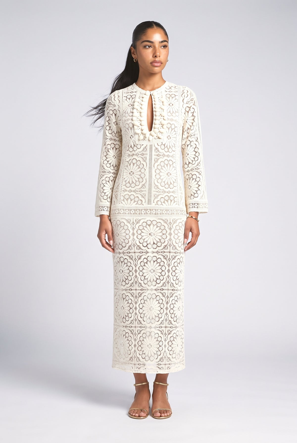 Cutout Knit Floor-Length Maxi Dress, cream