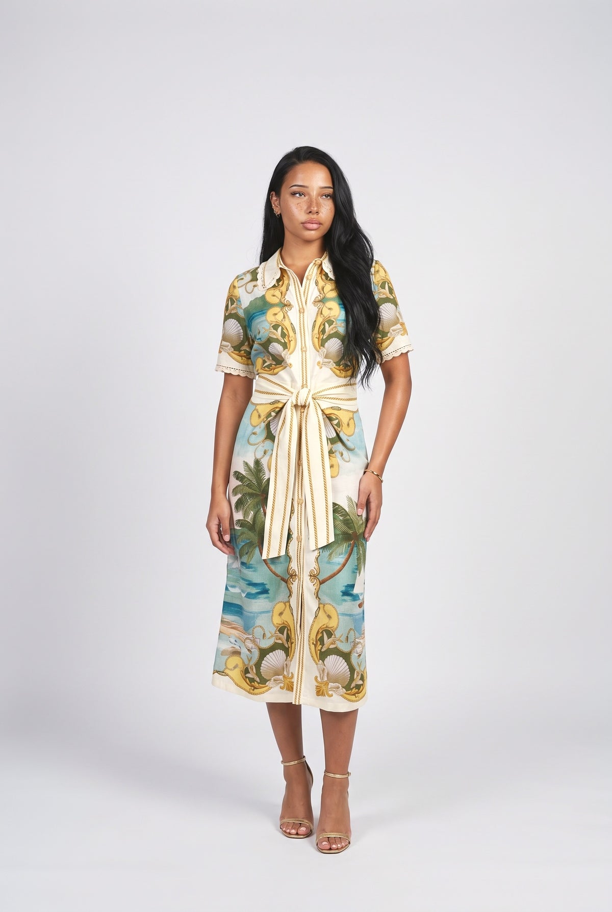 Palm & Shell Print Button Front Midi Dress, cream