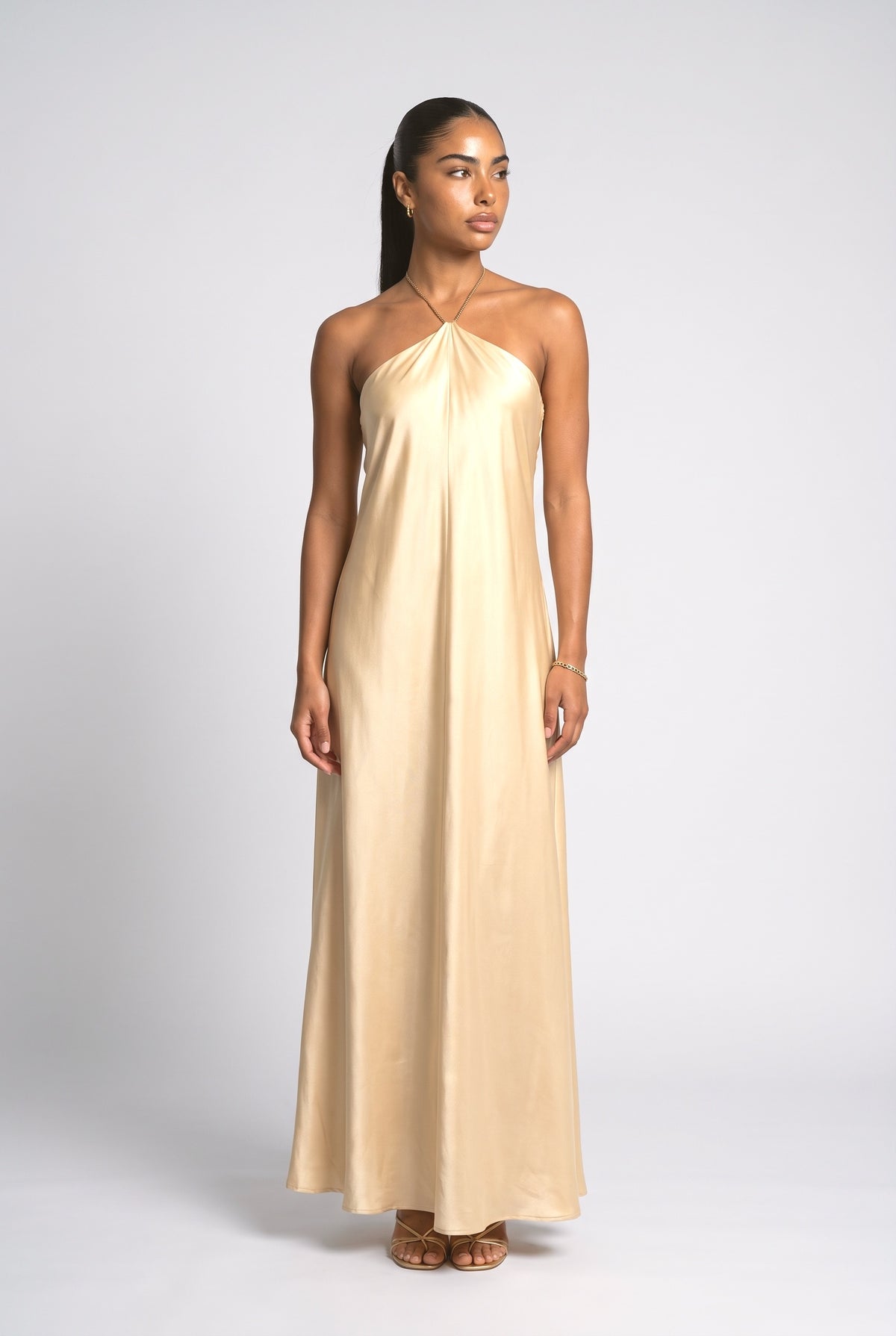 Beaded Halter Neck Flowy Maxi Dress, cream