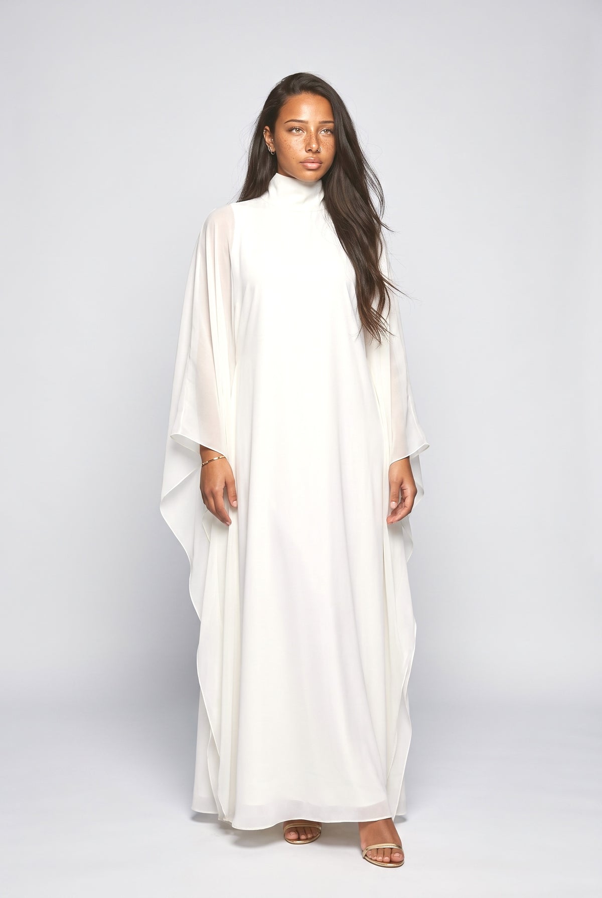 High-Neck Flowing Cape Maxi Dress, cream