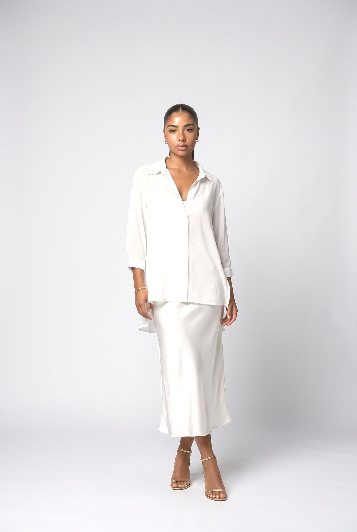Beige Satin Flowy Outfit Set, cream