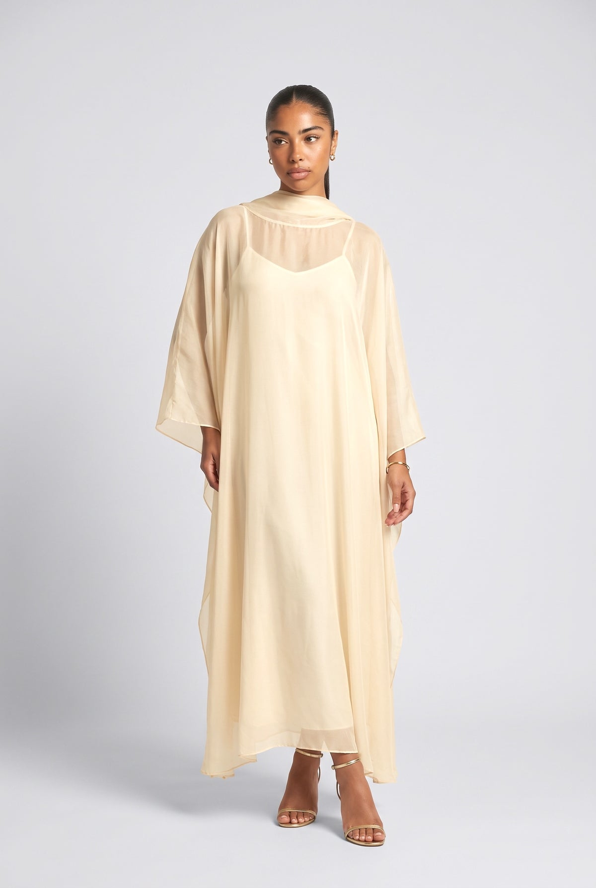 Beige Sheer Cape Maxi Dress, cream