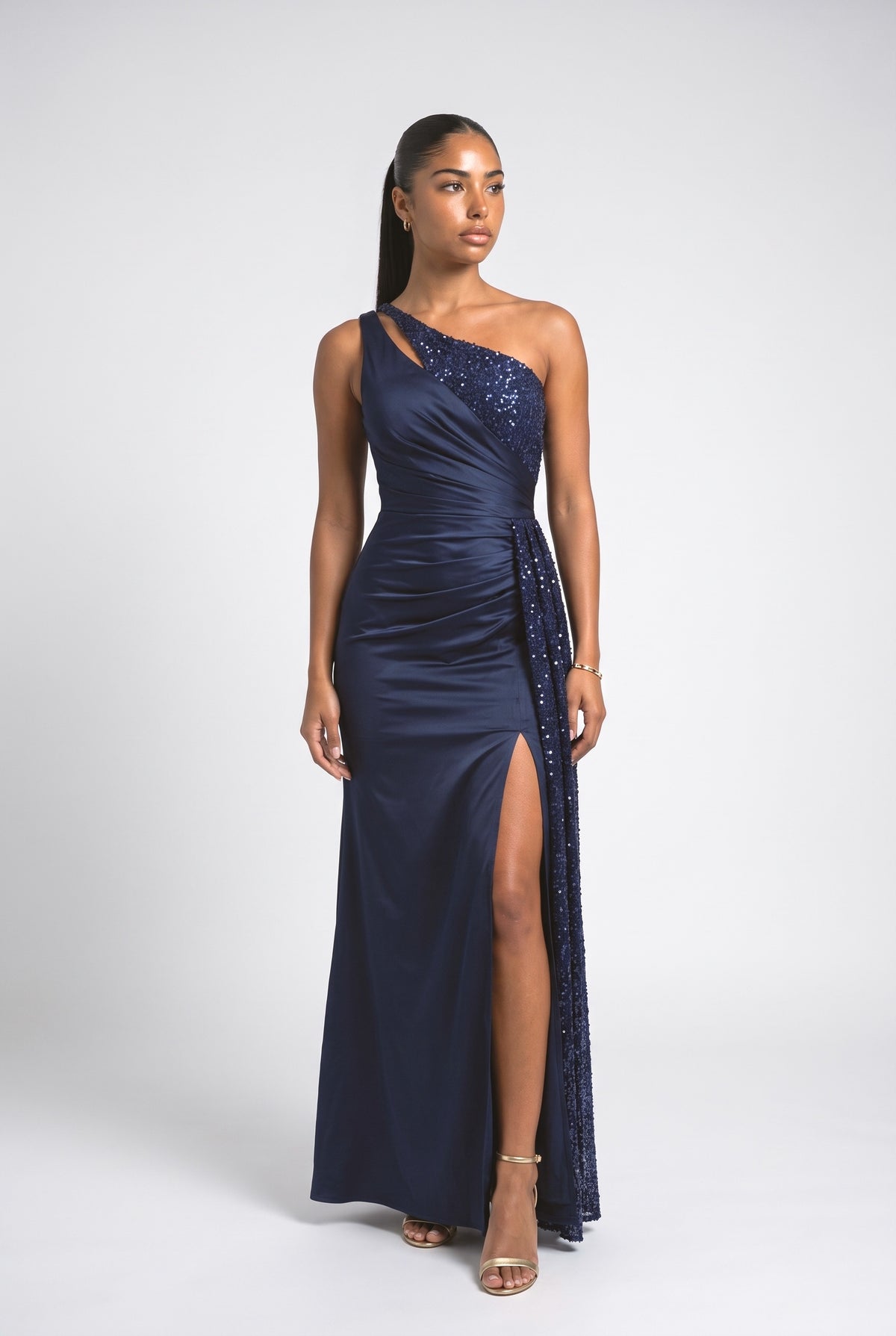 Sequin One-Shoulder Slit Maxi Dress, dark blue