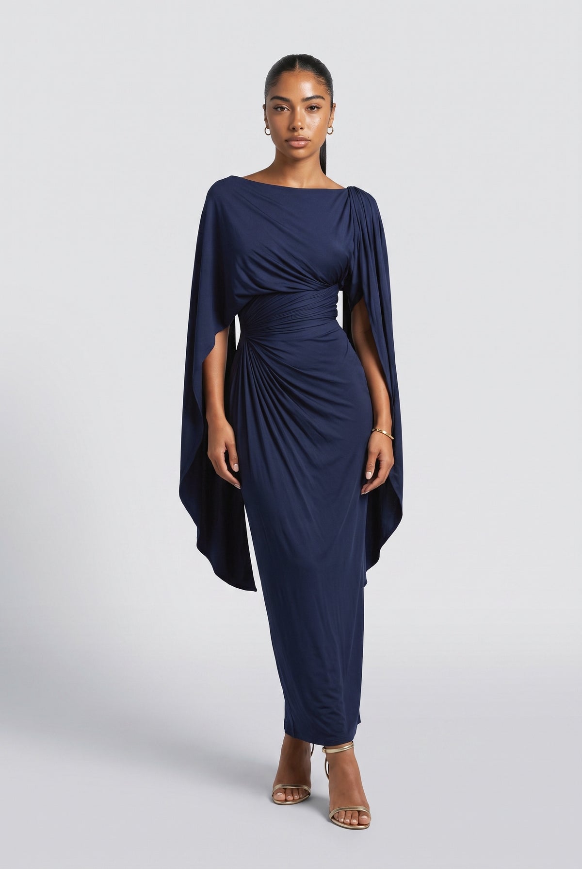 Boat Neck Pleated Slim Fit Maxi Dress, dark blue