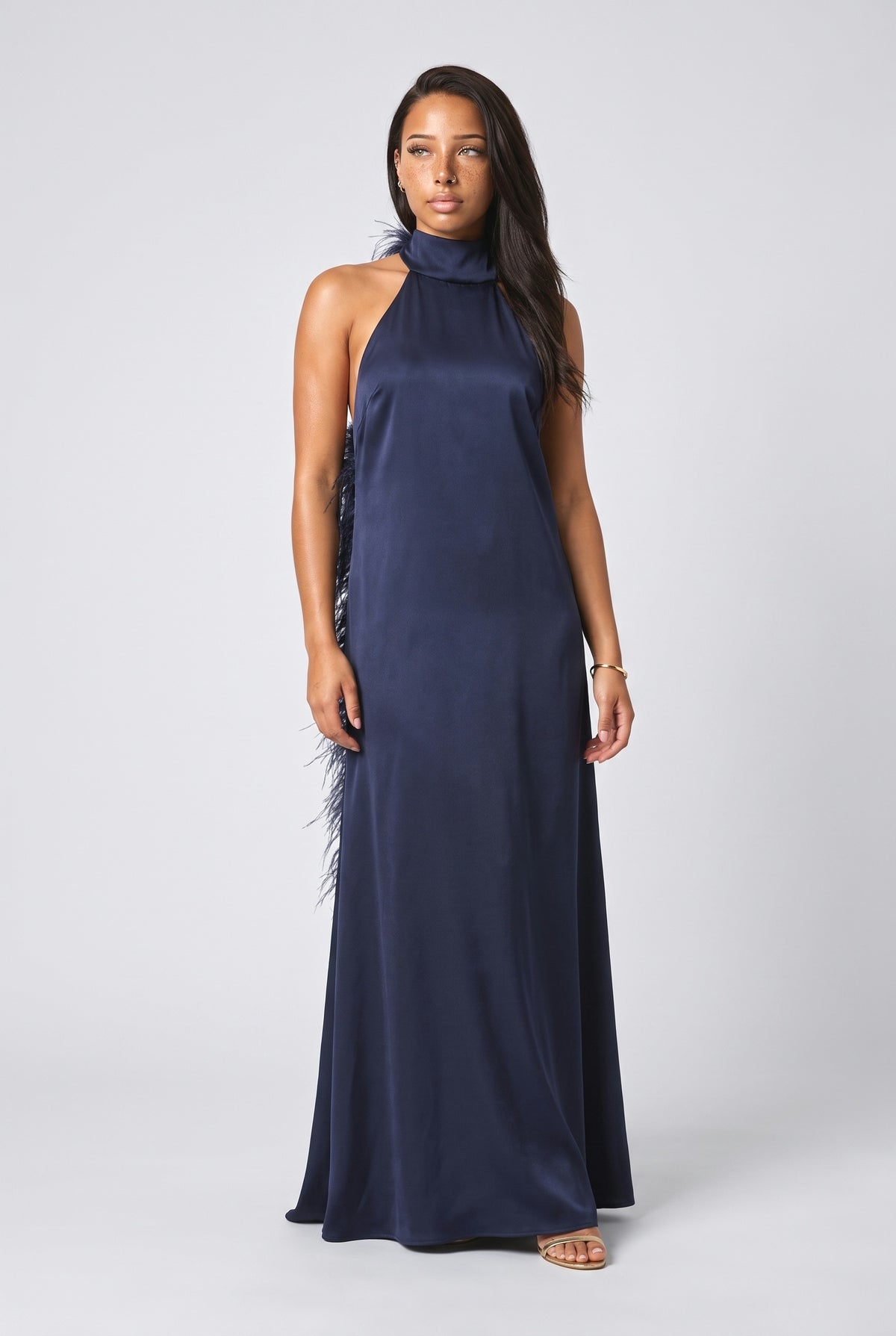 Satin Halter Neck Feather Trim Maxi Dress, dark blue