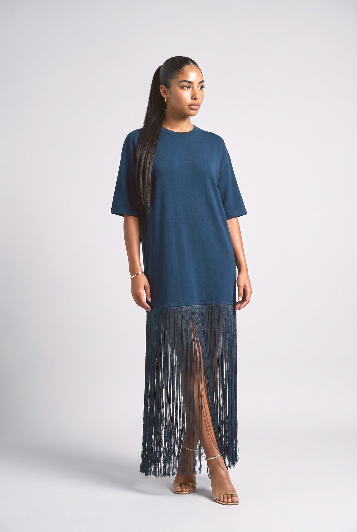 Short Sleeve Fringe Maxi Dress, dark blue