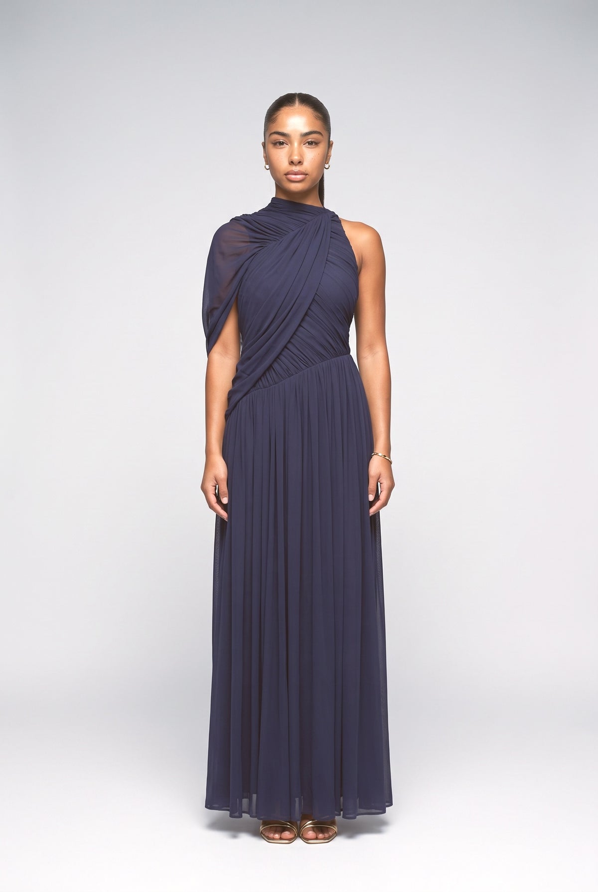 One Shoulder Draped Ruched Maxi Dress, dark blue