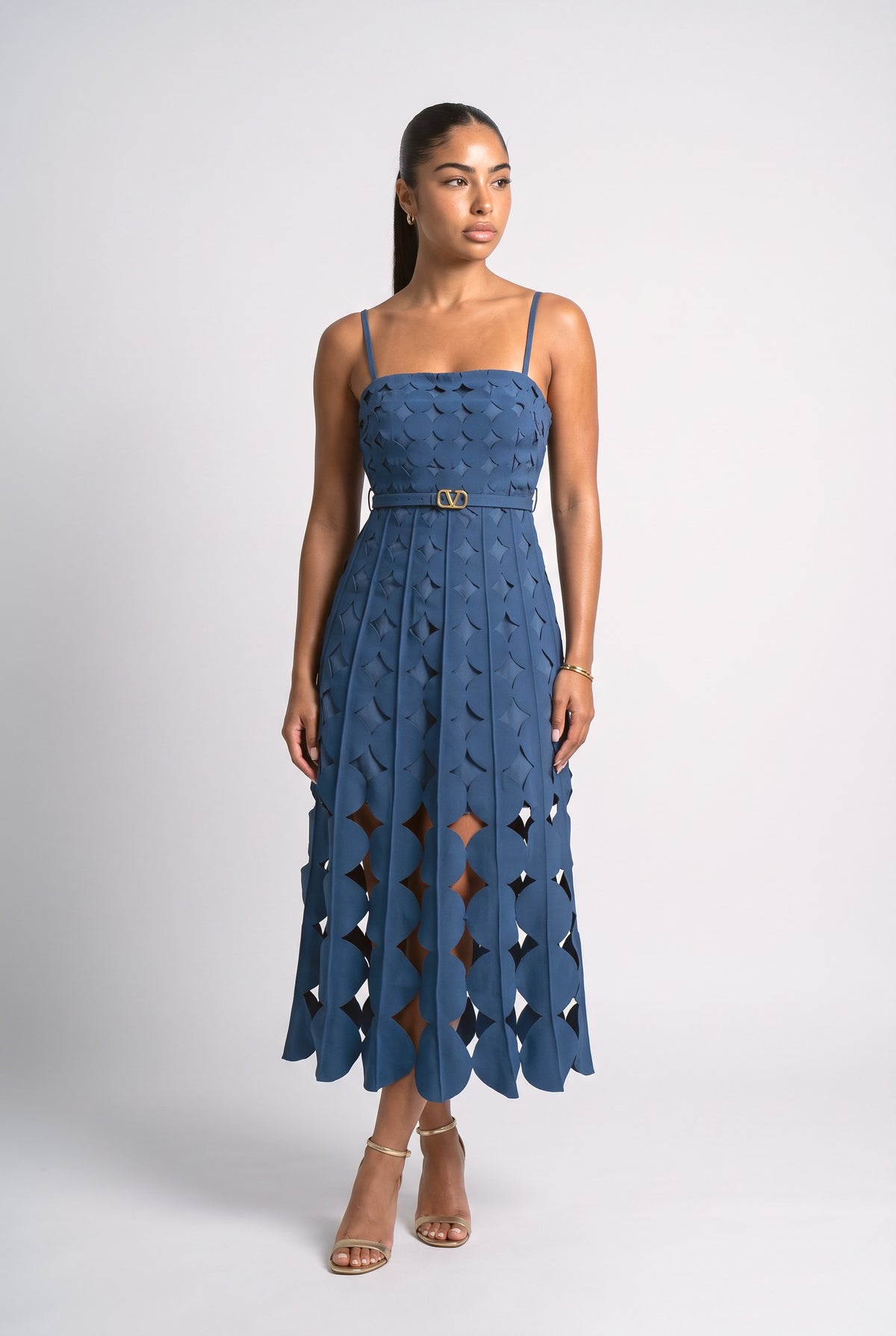 Geometric Strappy Cutout Midi Dress, dark blue