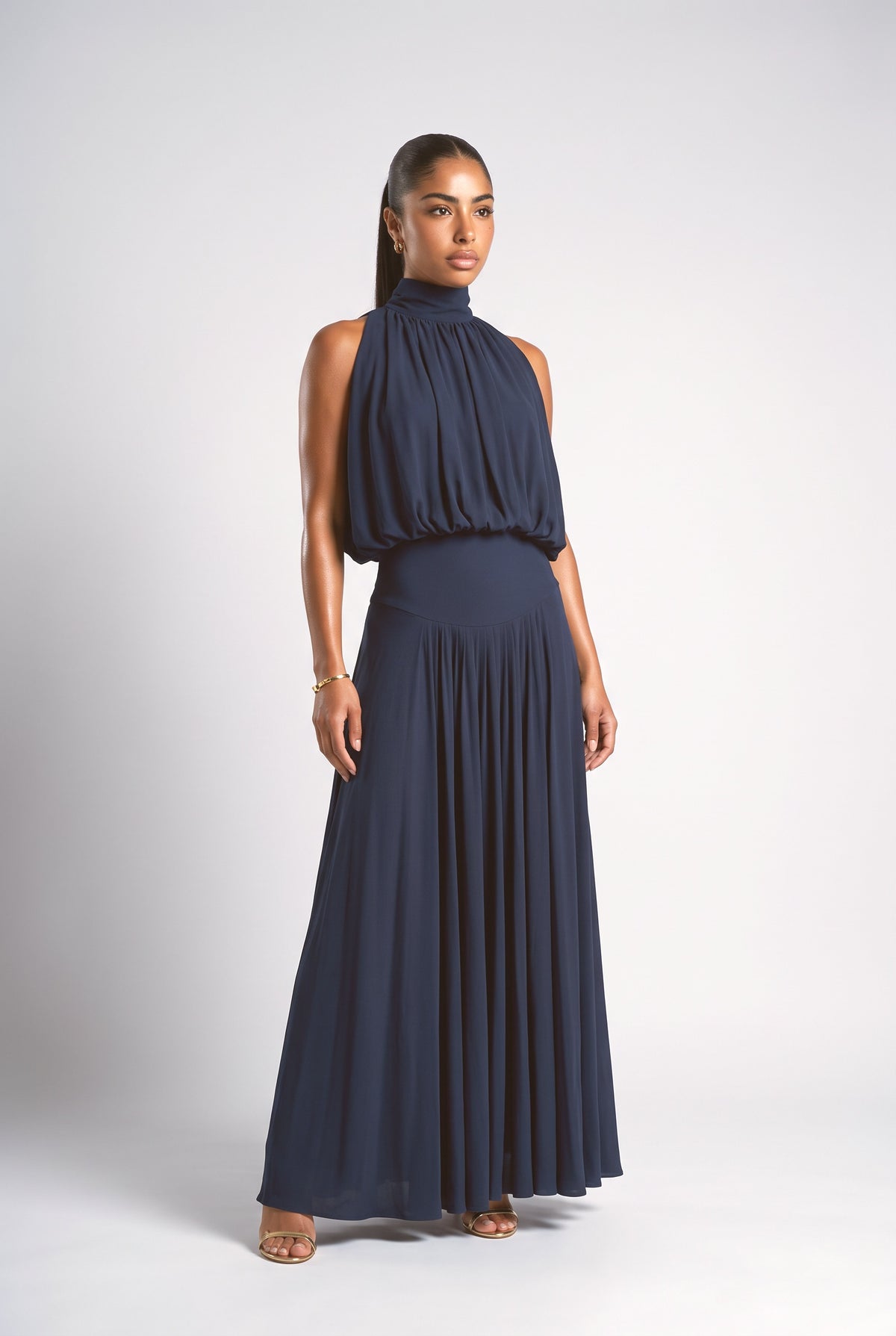 Blue High Neck Pleated Maxi Dress, dark blue