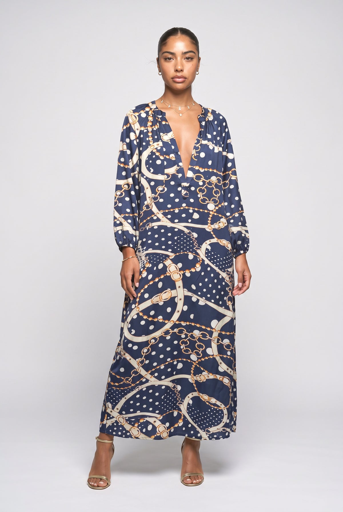 Bohemian V-Neck Printed Maxi Dress, dark blue