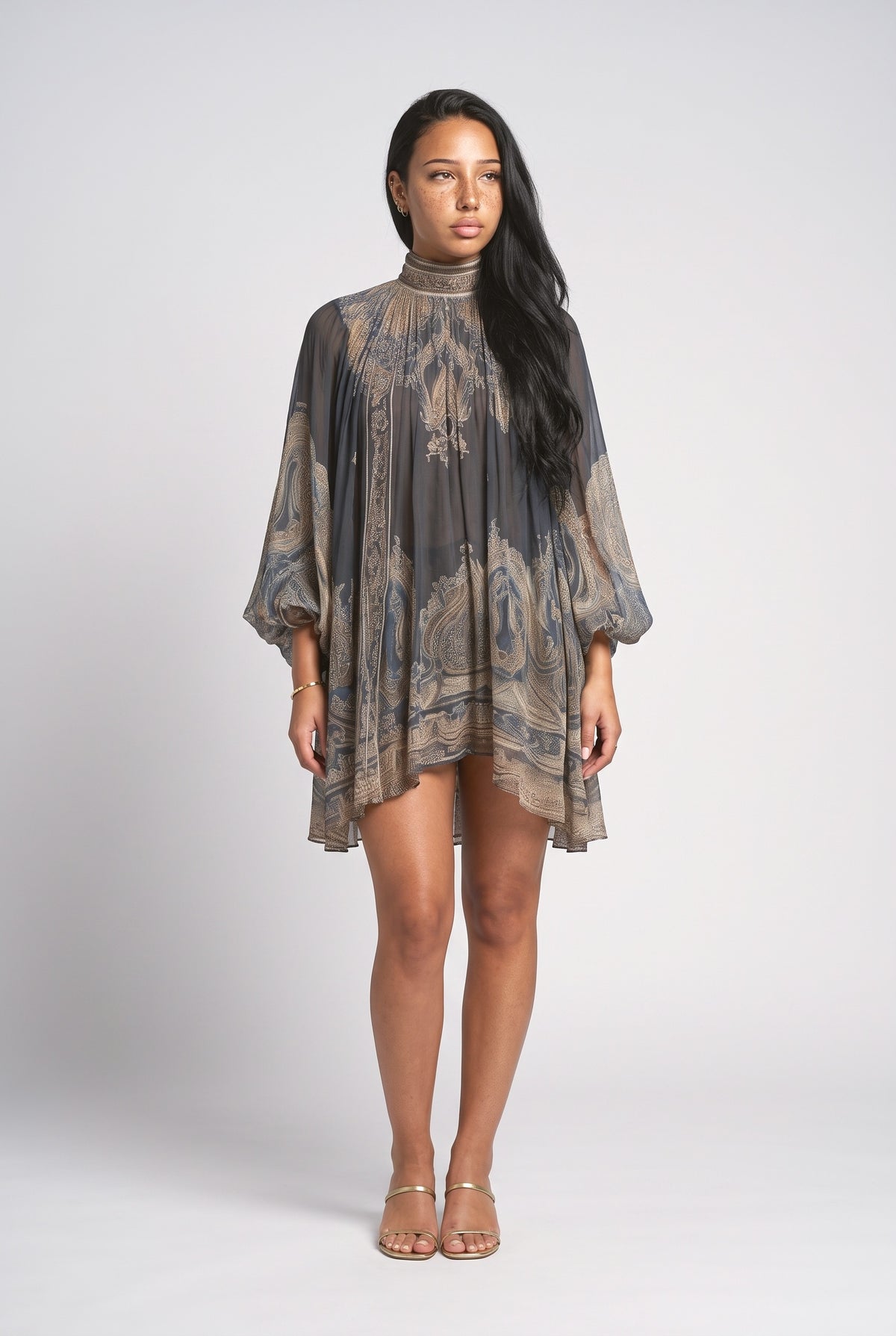 Blue High Neck Flowy Mini Dress, dark blue