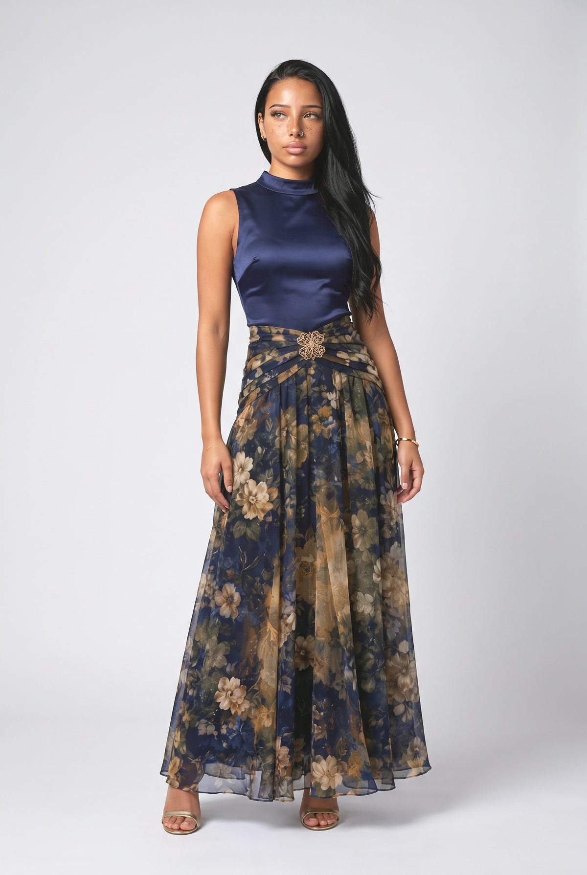 Blue Floral Satin High Neck Maxi Dress, dark blue