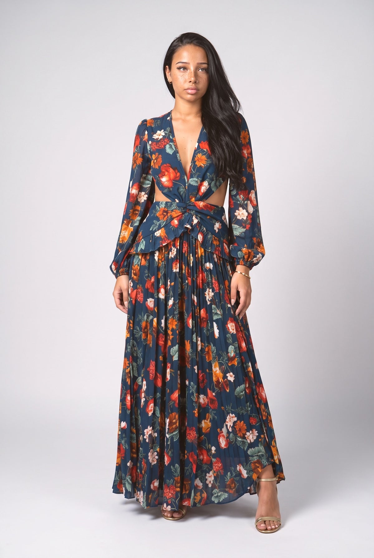 Floral Cutout Maxi Dress, dark blue