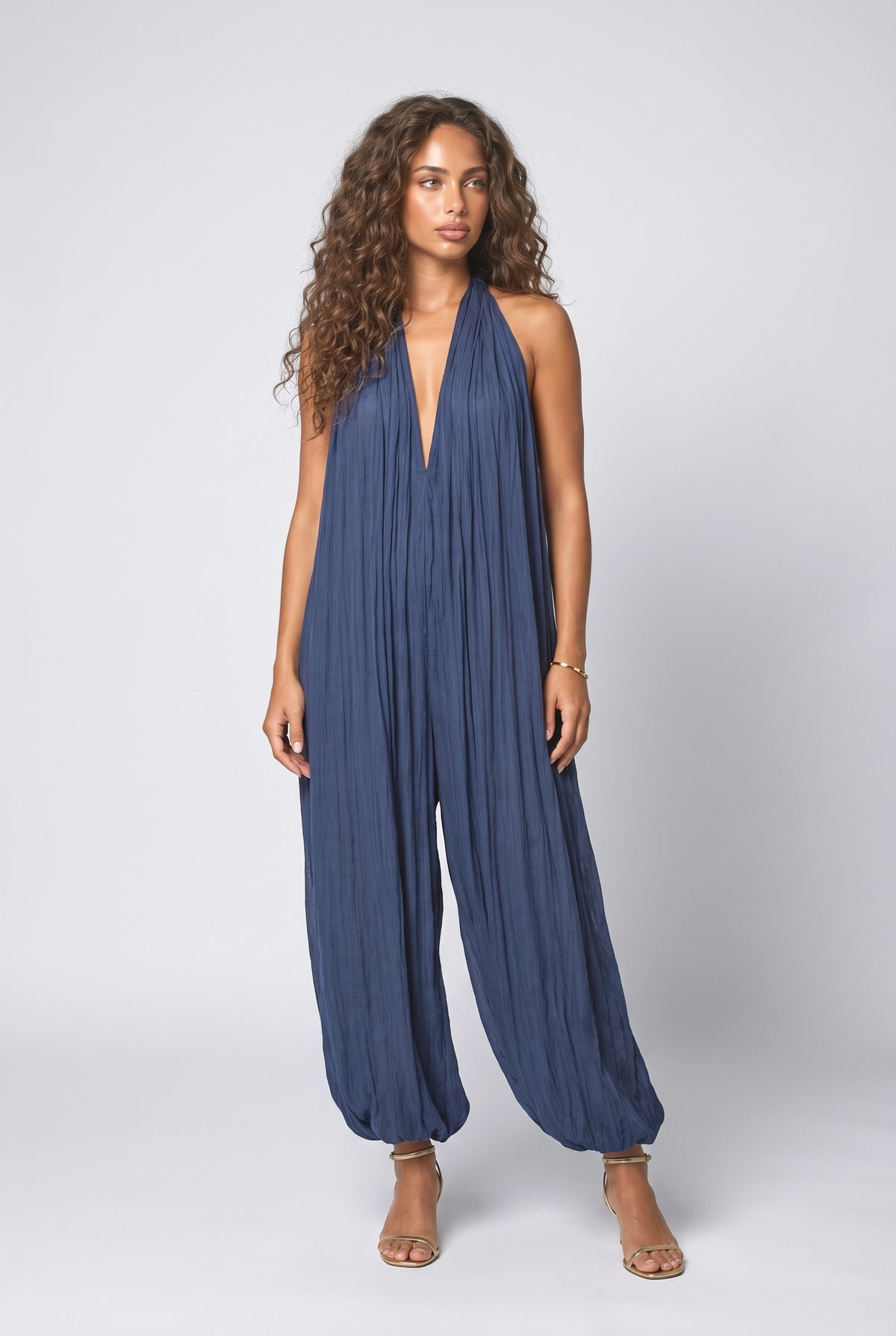 Blue V-Neck Pleated Jumpsuit, dark blue