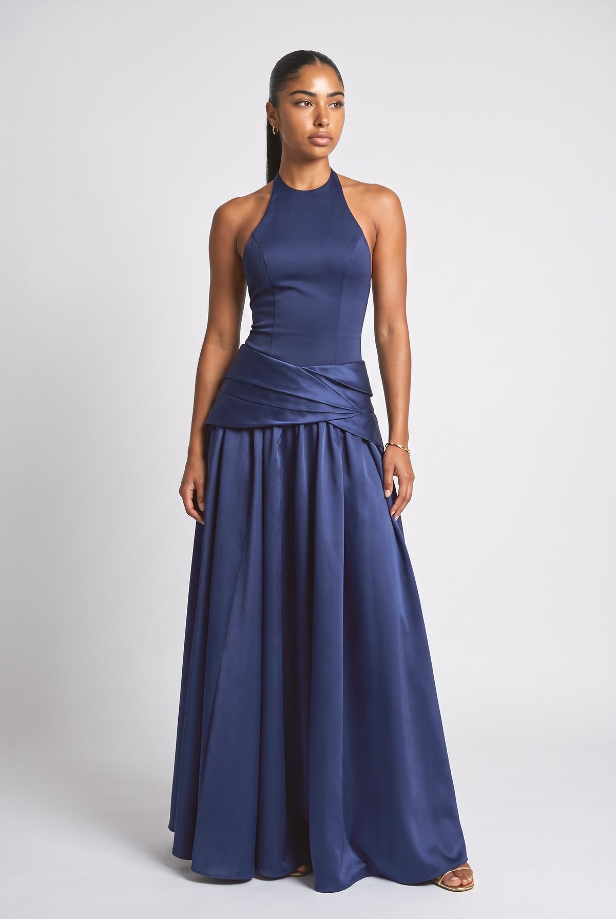 Satin Halter Neck Draped Outfit Set, dark blue