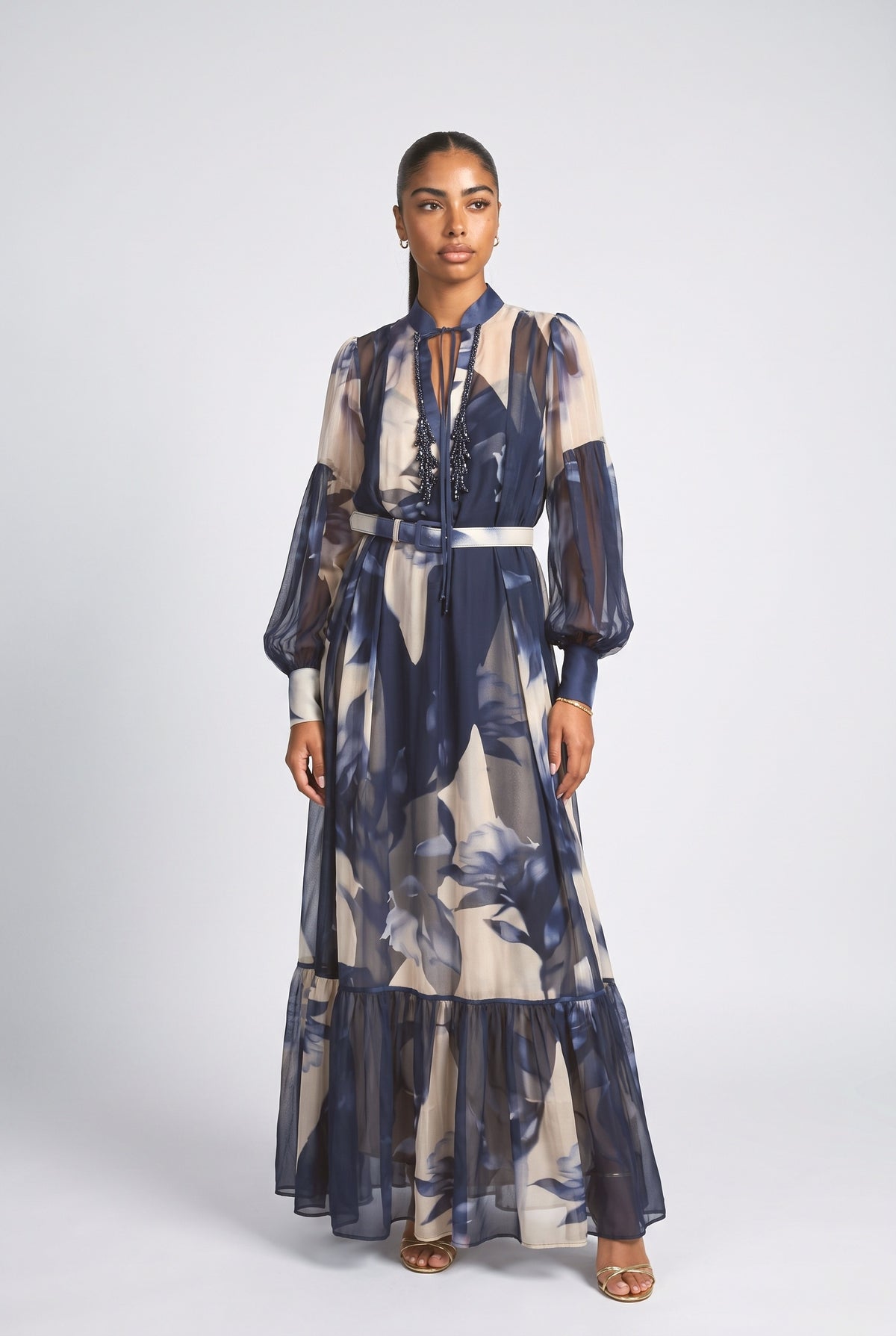Floral Chiffon Maxi Dress, dark blue