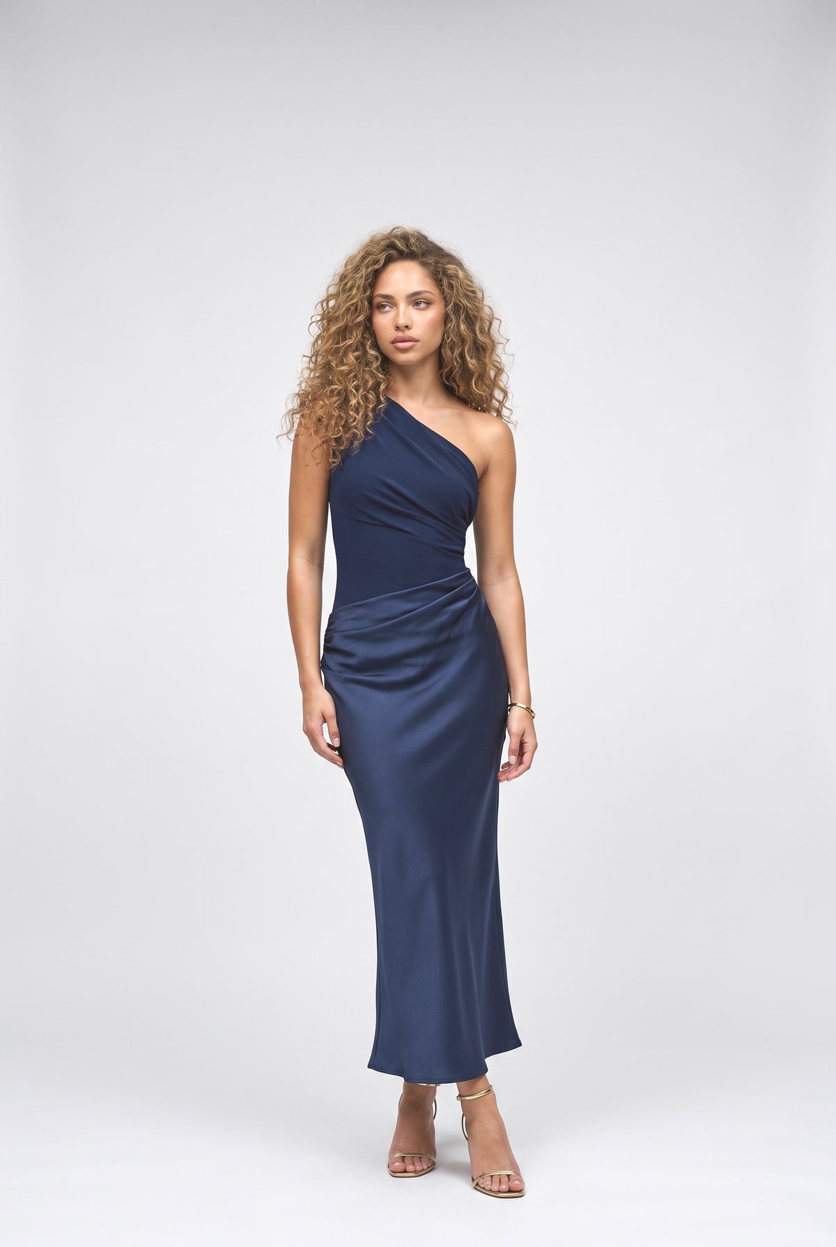 One Shoulder Neck Pleated Party Maxi Dress, dark blue