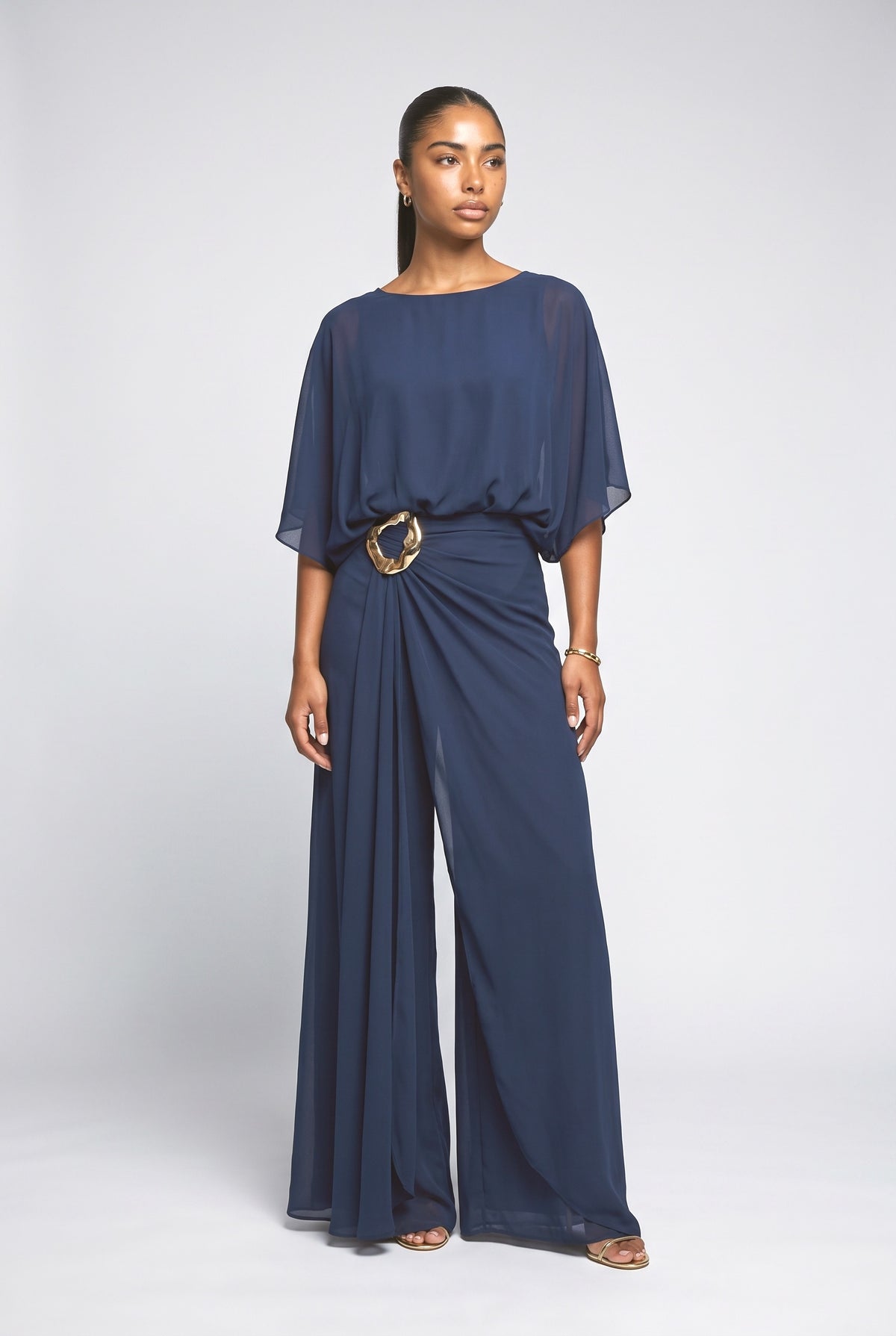 Blue Chiffon Cape Top & Wide-Leg Pants Two-Piece Set, dark blue