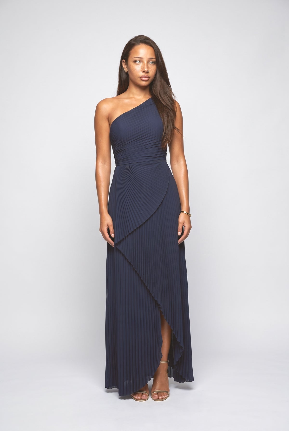 One-Shoulder Pleated Asymmetrical High-Slit Maxi Dress, dark blue