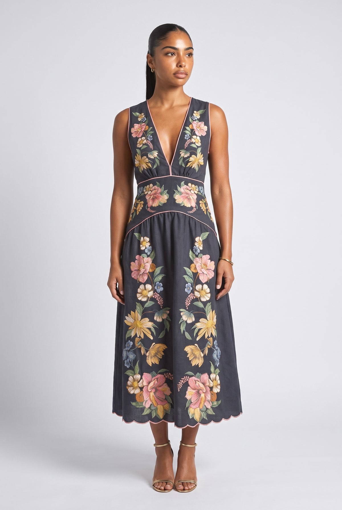 Blue Floral V-Neck Sleeveless Midi Dress, dark blue