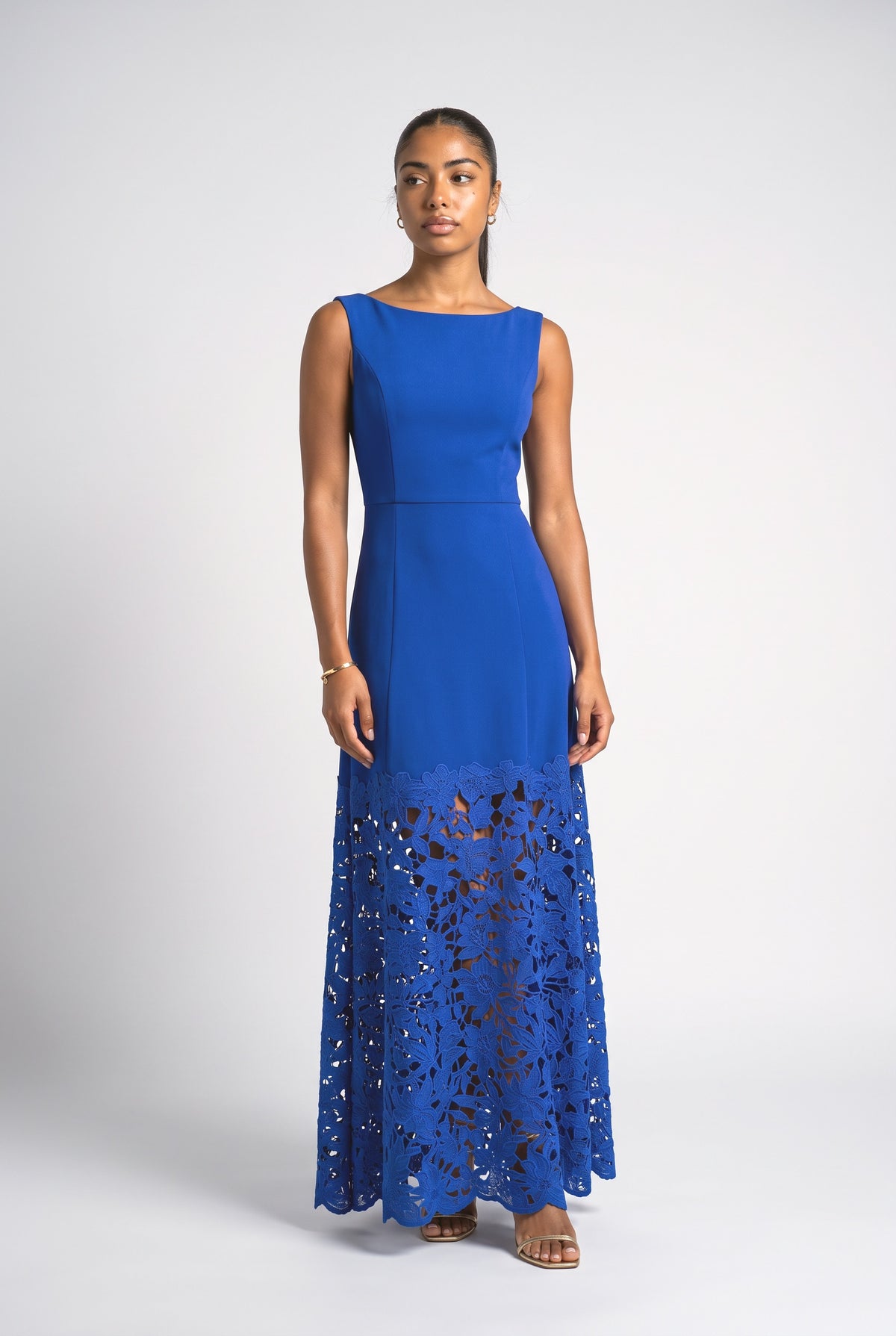Lace Boat Neck Sleeveless Maxi Dress, dark blue