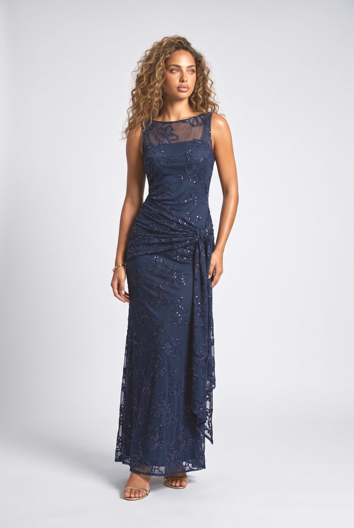 Floral Mesh Ruched Maxi Dress, dark blue