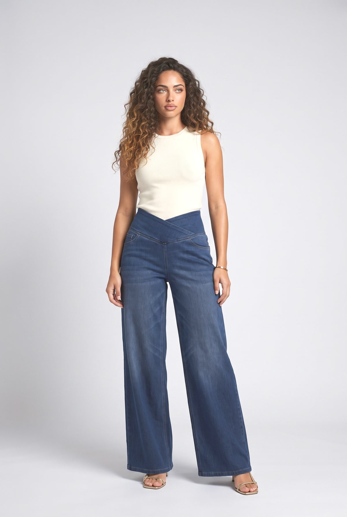 High-Waisted Stretch Denim Pants, dark blue