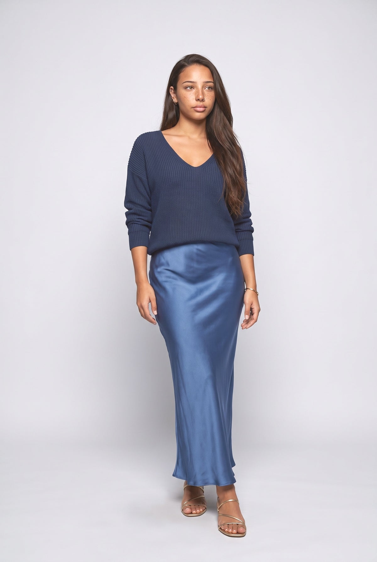 Satin V-Neck Outfit Set, dark blue