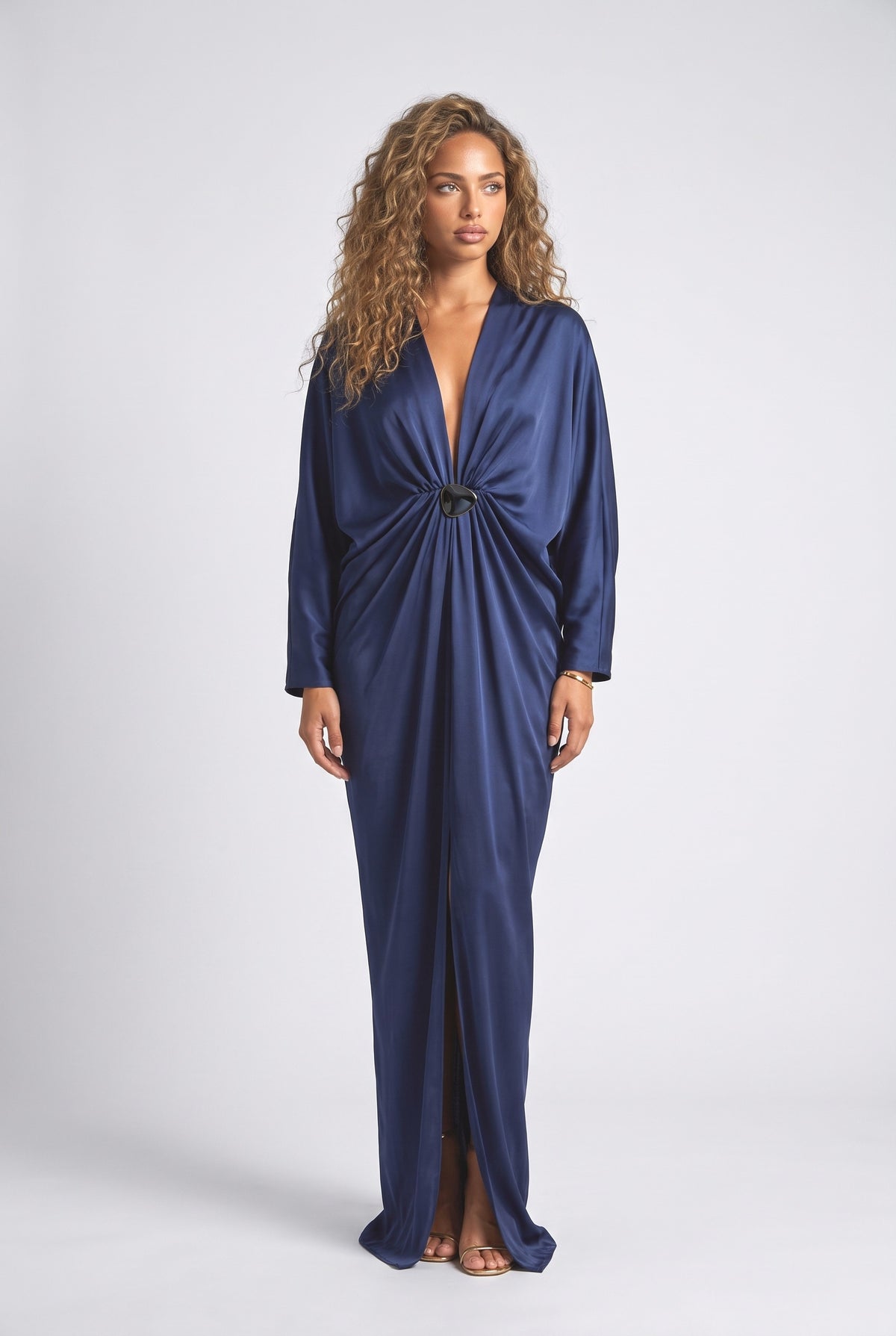 Satin Batwing Sleeve Draped Maxi Dress, dark blue
