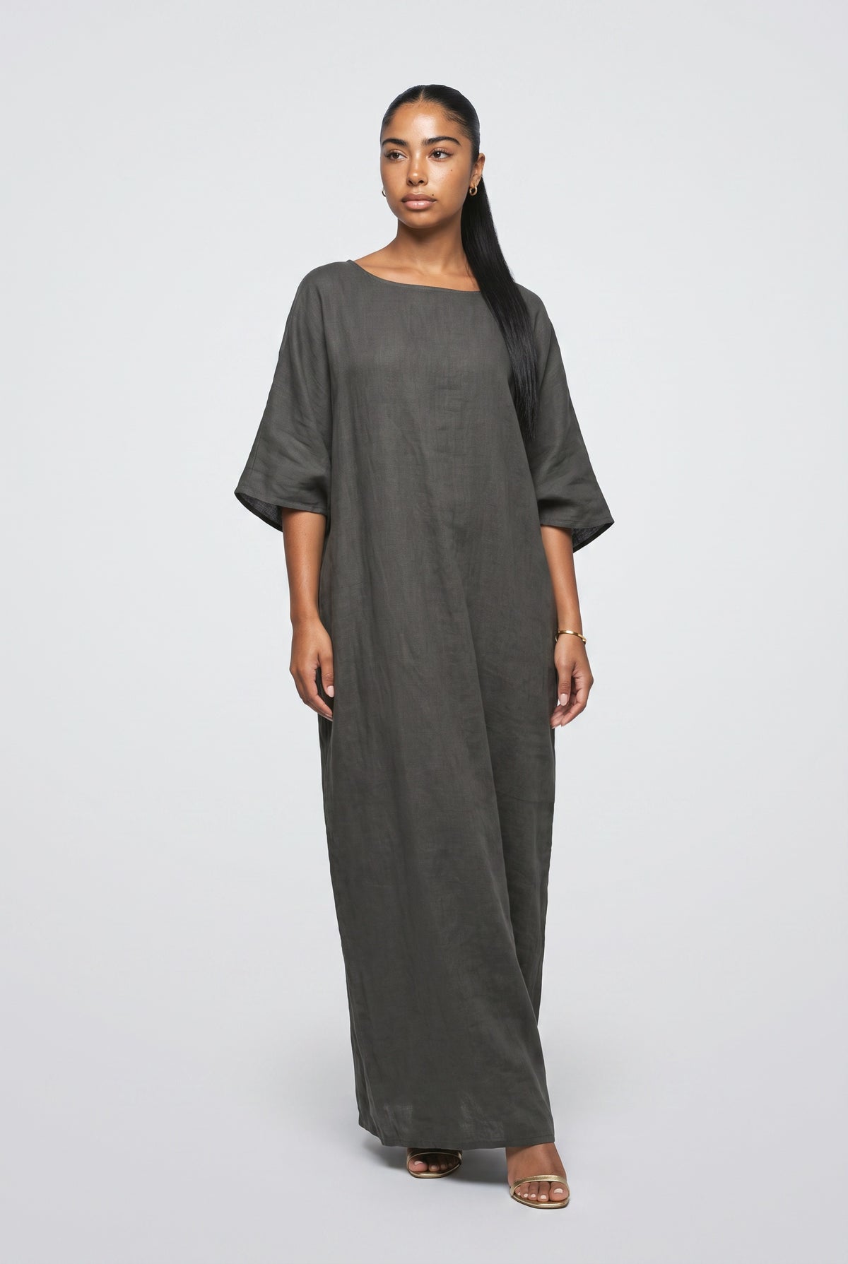 Gray Linen Batwing Sleeve Relaxed Maxi Dress, dark gray