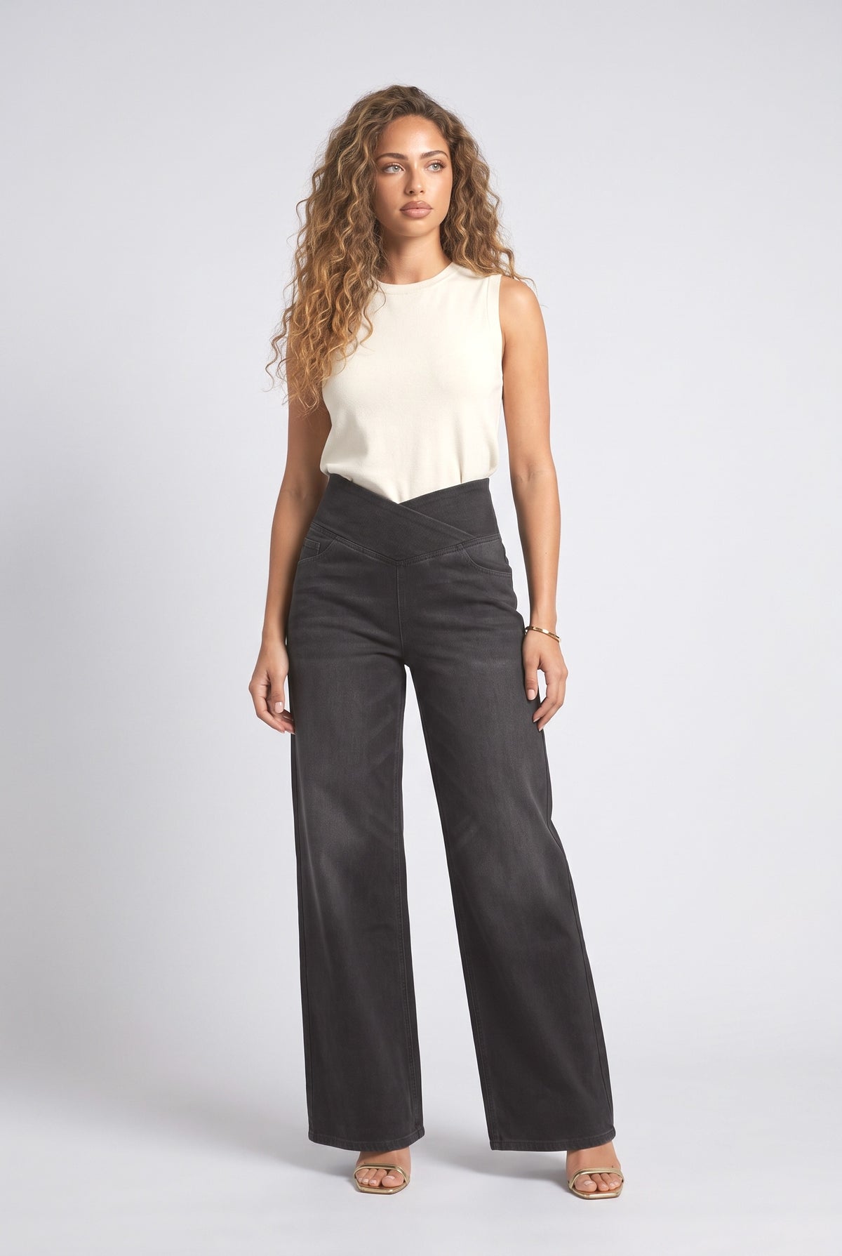 High-Waisted Stretch Denim Pants, dark gray