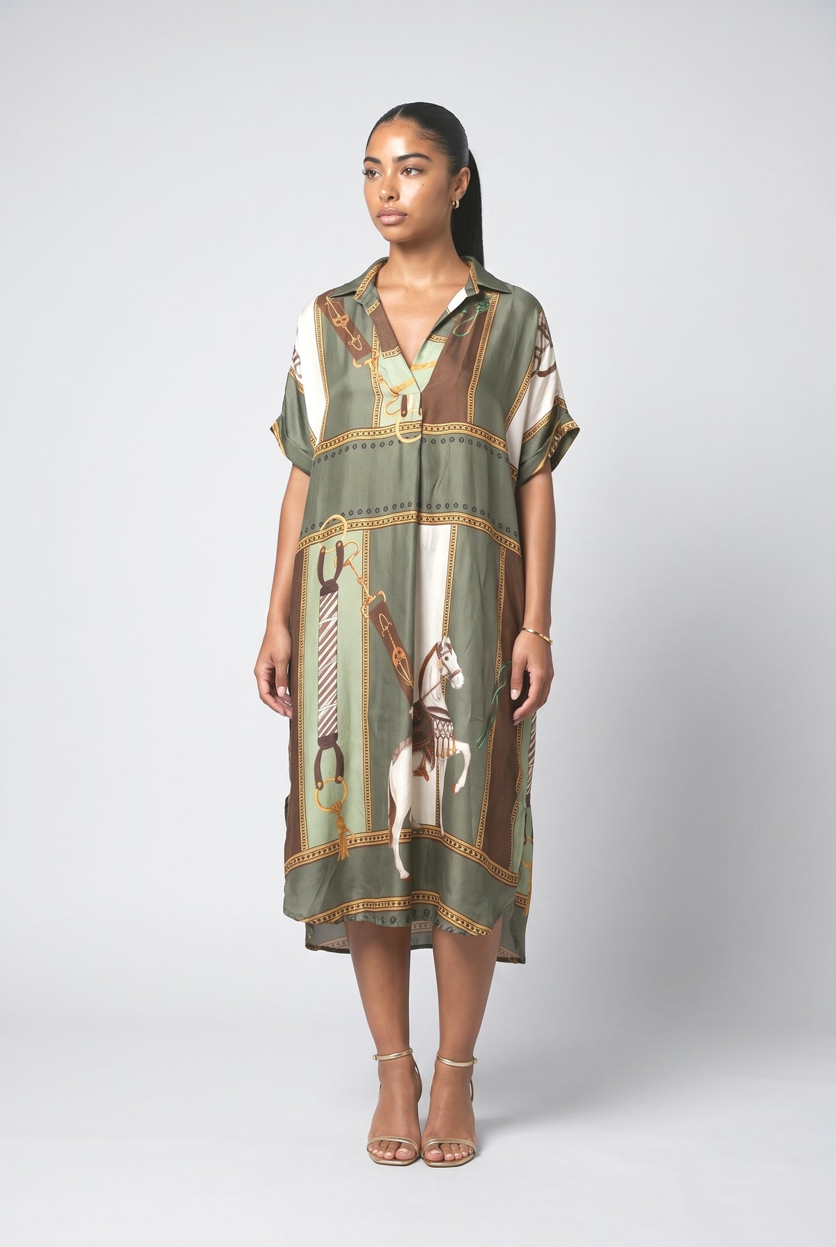 Equestrian Print Shirt Midi Dress, dark green