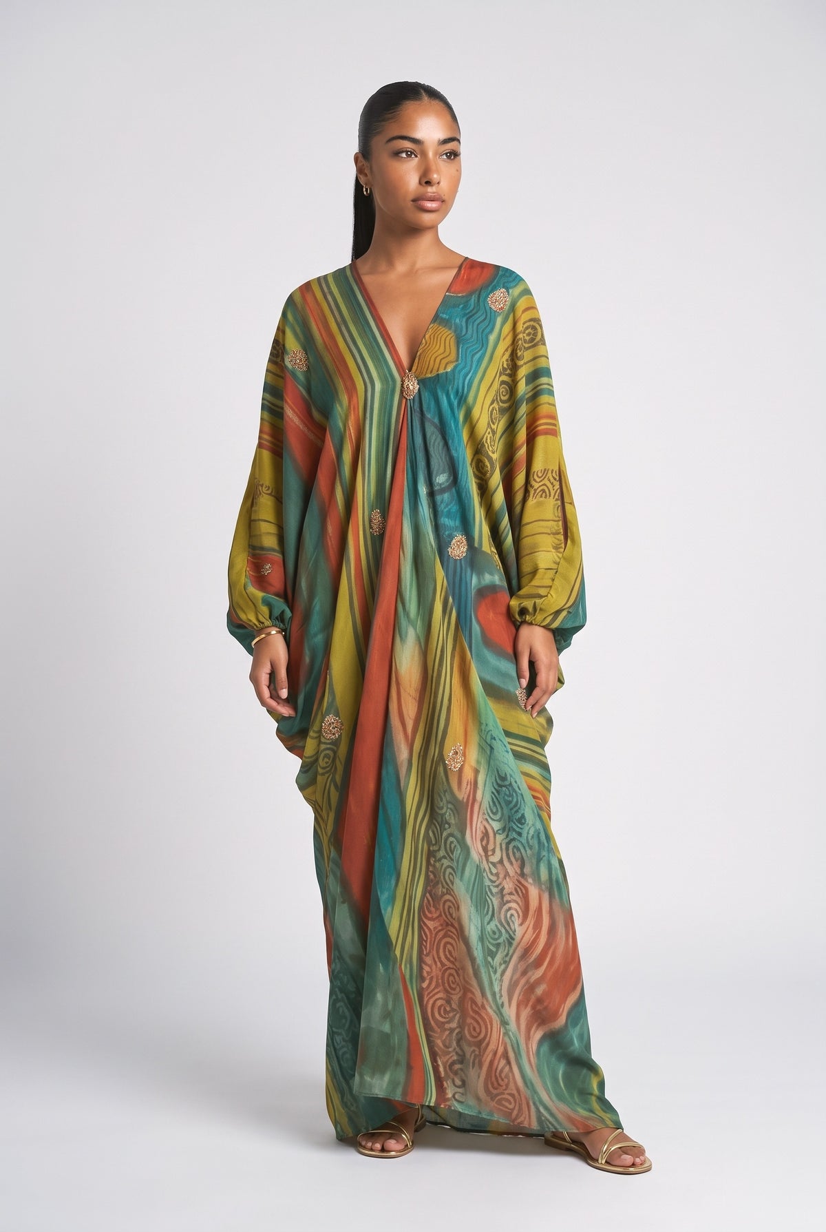 Green Abstract V-Neck Maxi Dress, dark green