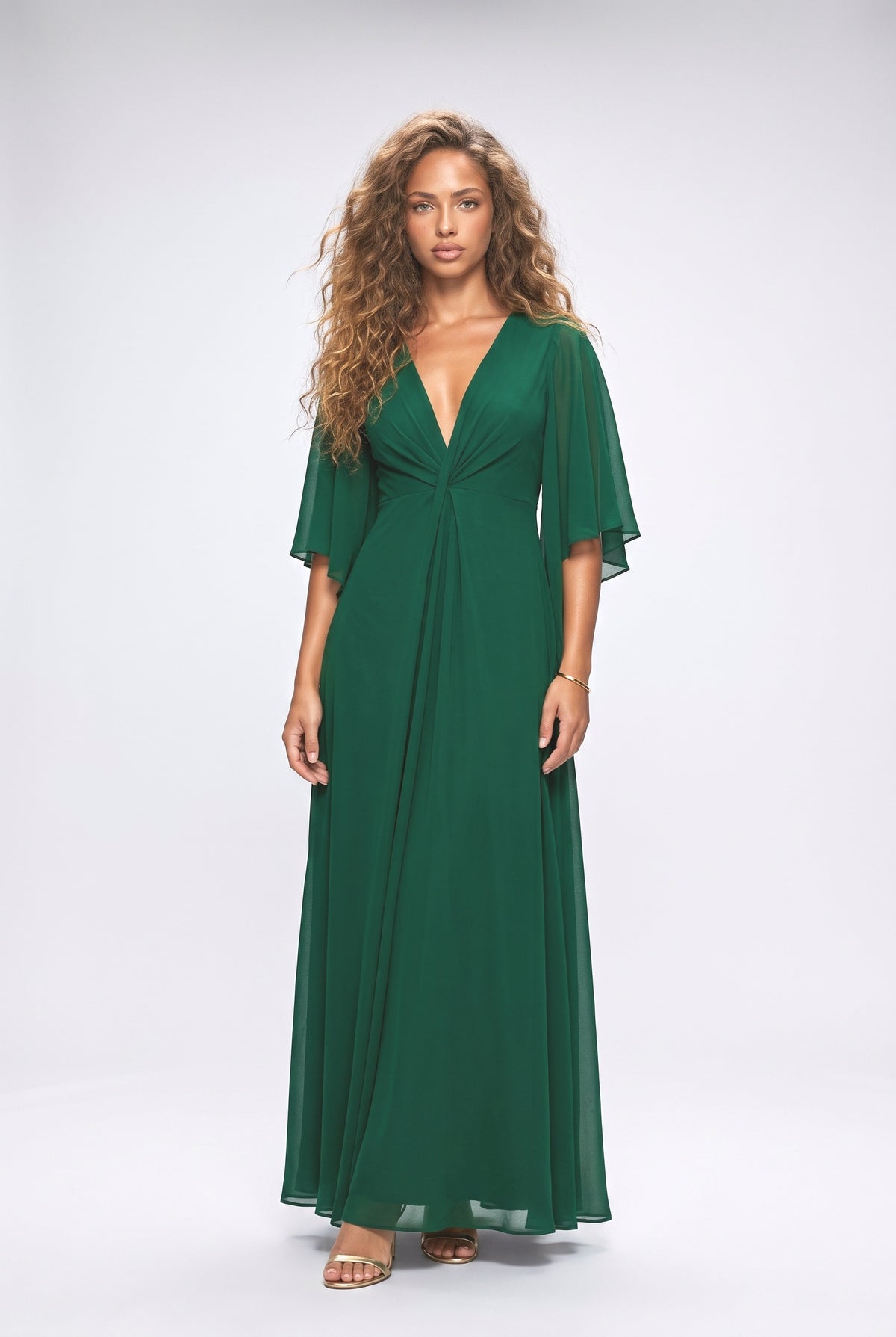Draped Head Sleeve Chiffon Maxi Dress, dark green