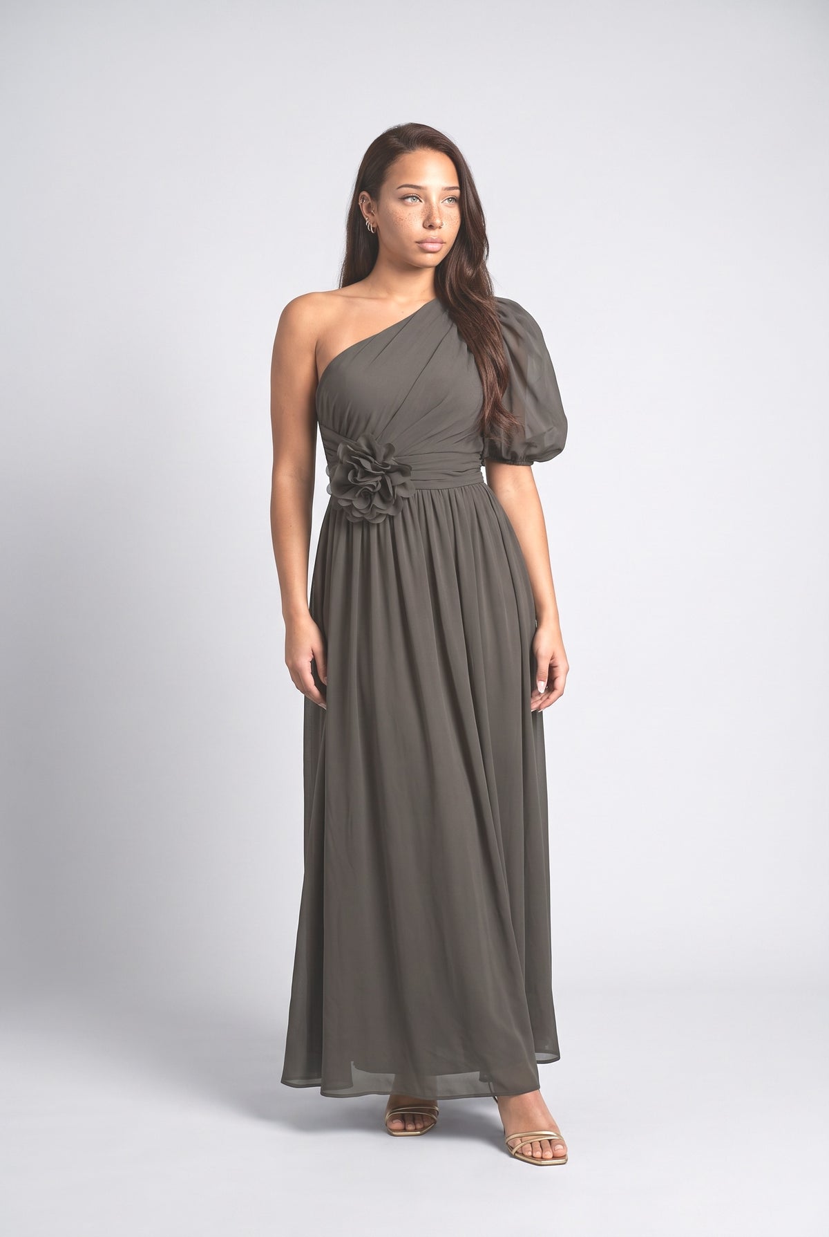 Floral Sheer One-Shoulder Ruched Maxi Dress, dark green