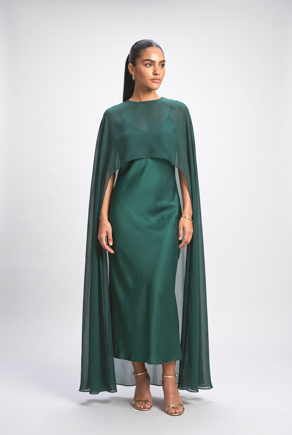 Satin and Sheer Chiffon Cape Maxi Dress, dark green