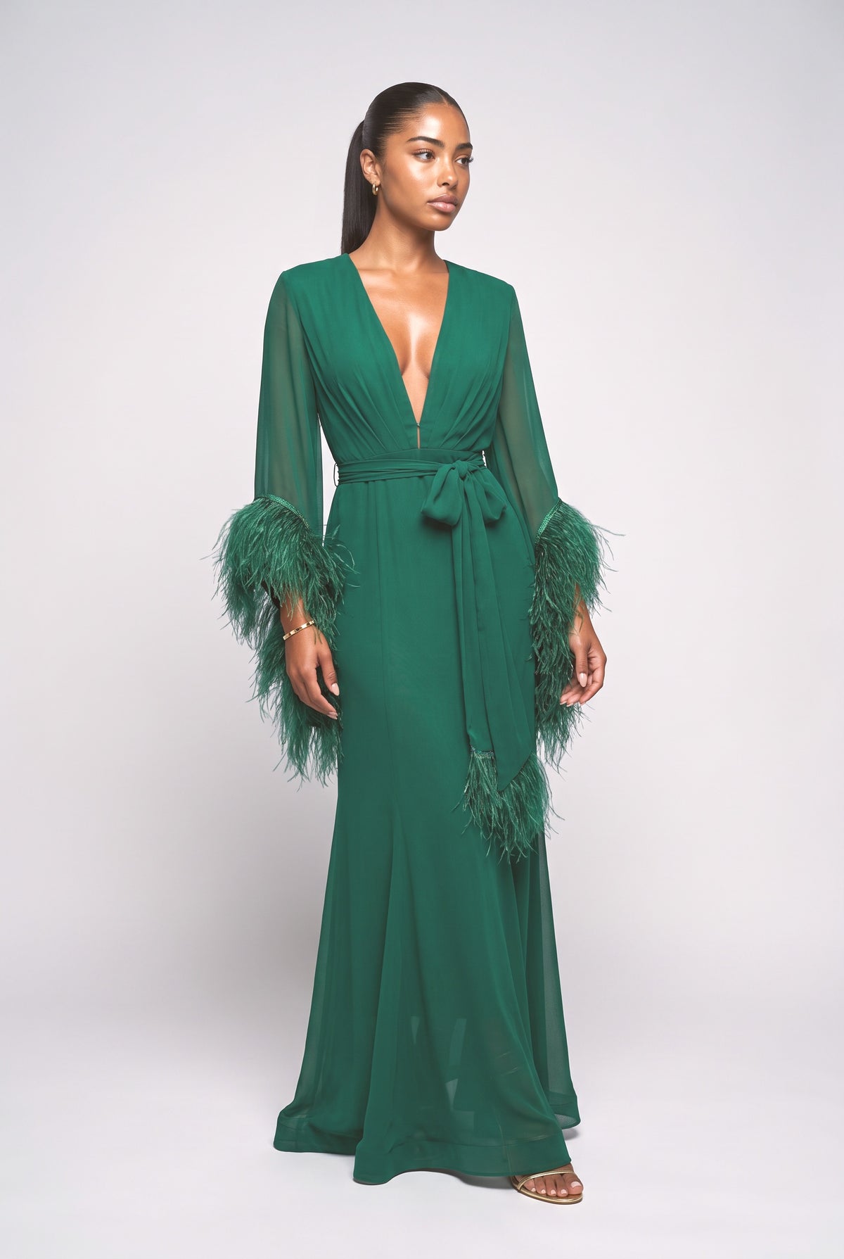 Green Chiffon V-Neck Feather Trim Maxi Dress, dark green