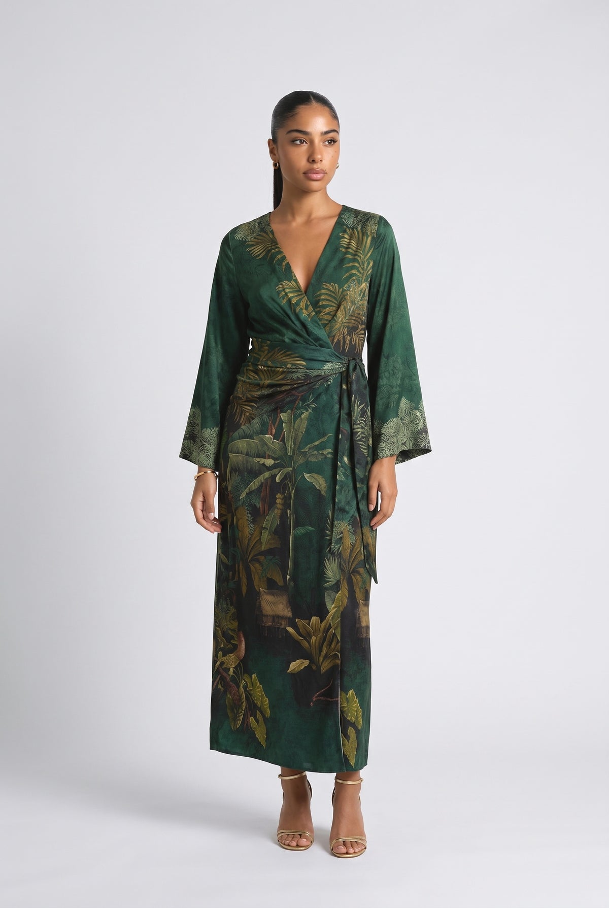 Green Print Satin Wrap Midi Dress, dark green