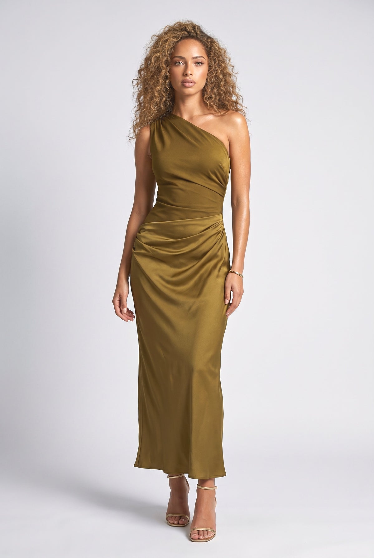 One Shoulder Neck Pleated Party Maxi Dress, dark green