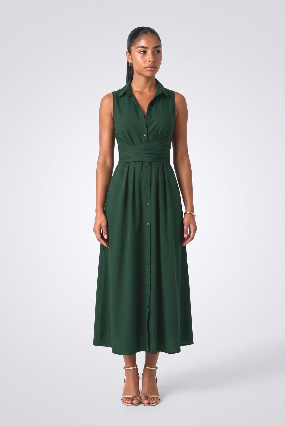 Shirt Style Single-breasted Tie Midi Dress, dark green