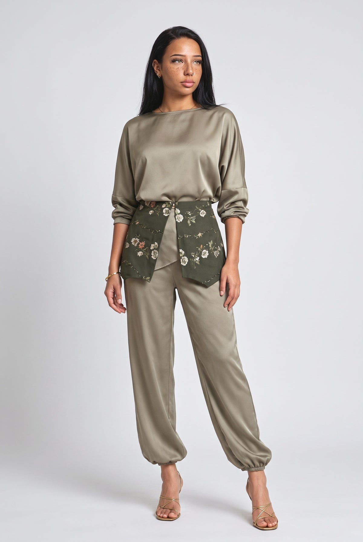 Embroidered Waist Belt Satin Shirt & Harem Pants Set, dark green