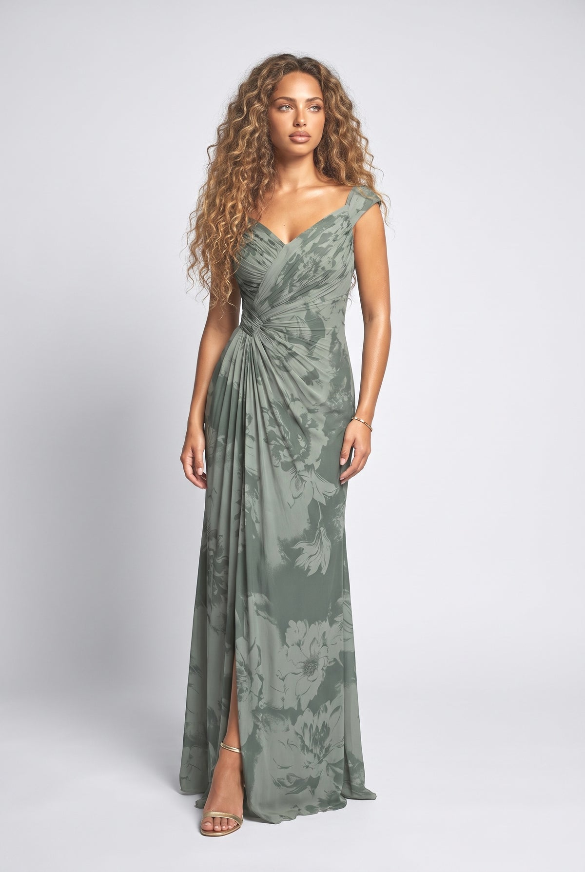 Floral Ruched Maxi Dress, dark green
